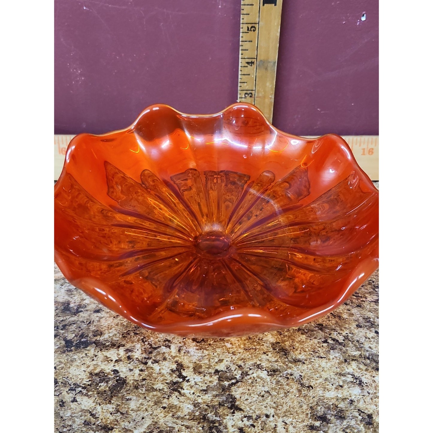 Amberina 9 Petal glass footed compote bowl, likely L.E. Smith or Viking Glass