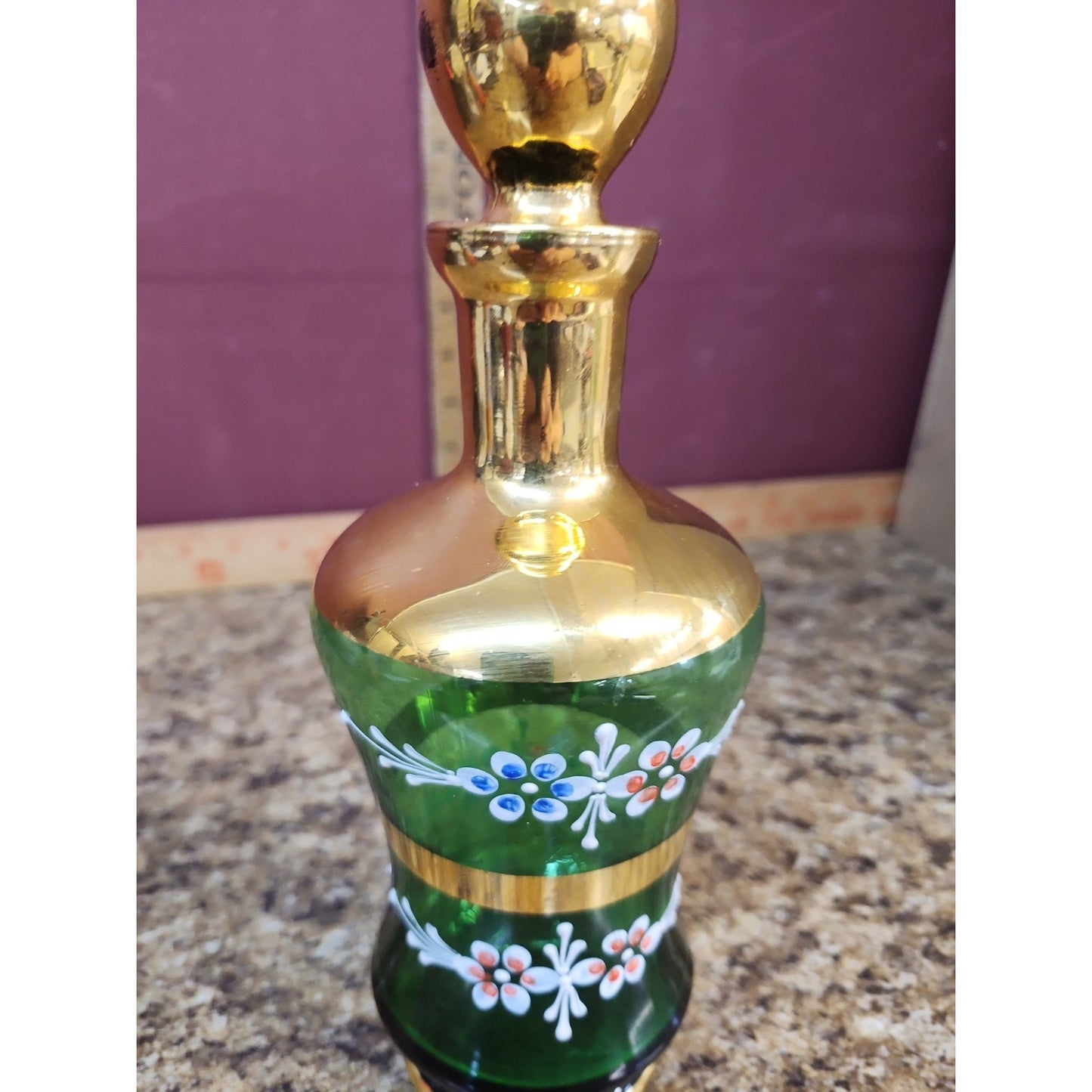 Vintage Hand-Painted Emerald Green Venetian Glass Decanter w/Stopper MCM