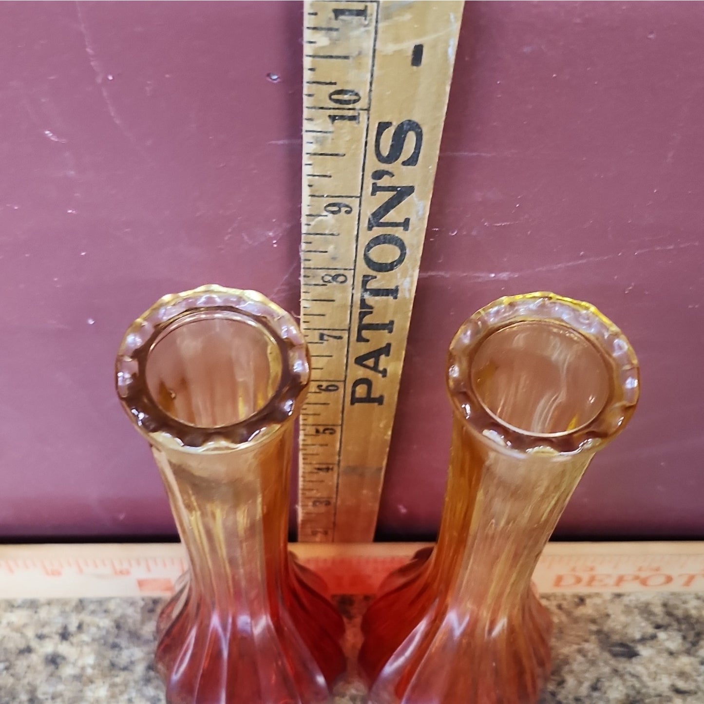 Pair Red Yellow Ombre Ribbed Swirl Art Glass Bud Vases, Glossy, 9 in
