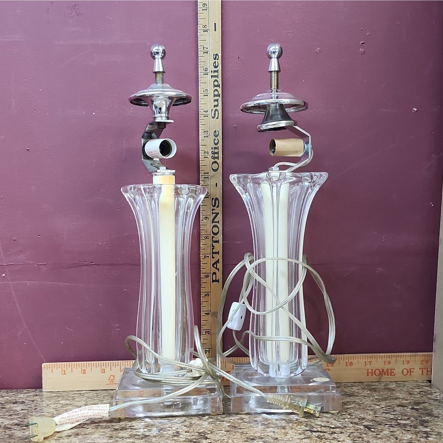 Crystal Clear Lead Crystal Table Lamps with Chrome Finials, Poland, PAIR