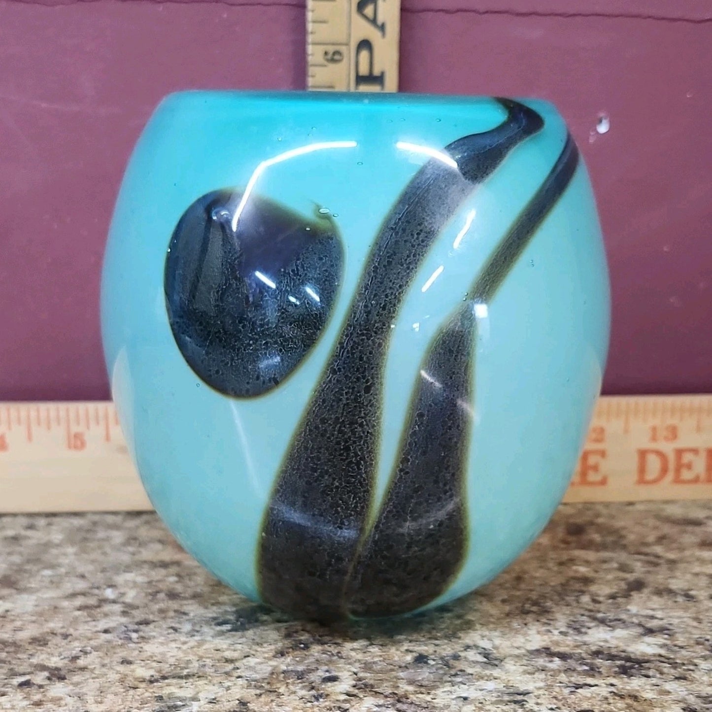 Robert Varin Studio Art Glass Vase, Blue & Black Abstract, Hand Blown, 5.5 In