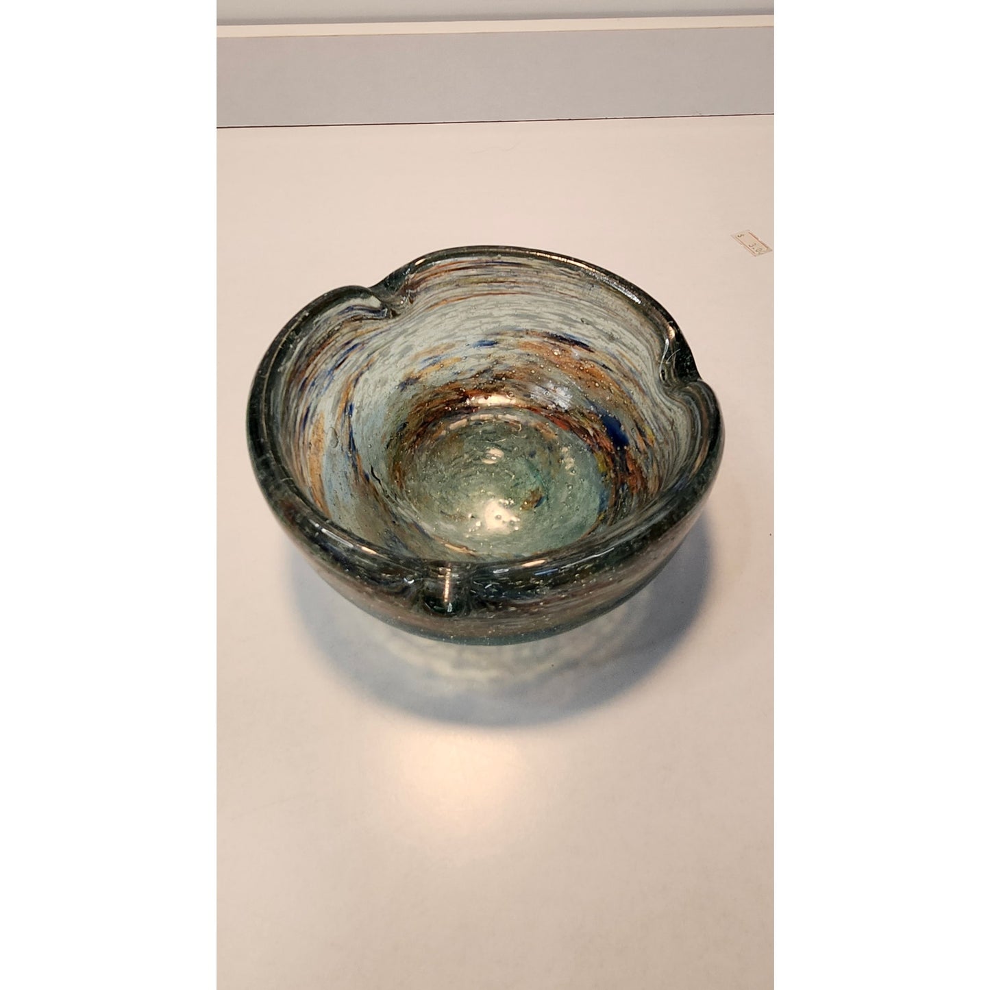 VTG Murano Style Hand Blown Art Glass Ashtray Heavy Blue Green Swirl MCM Dish 5”