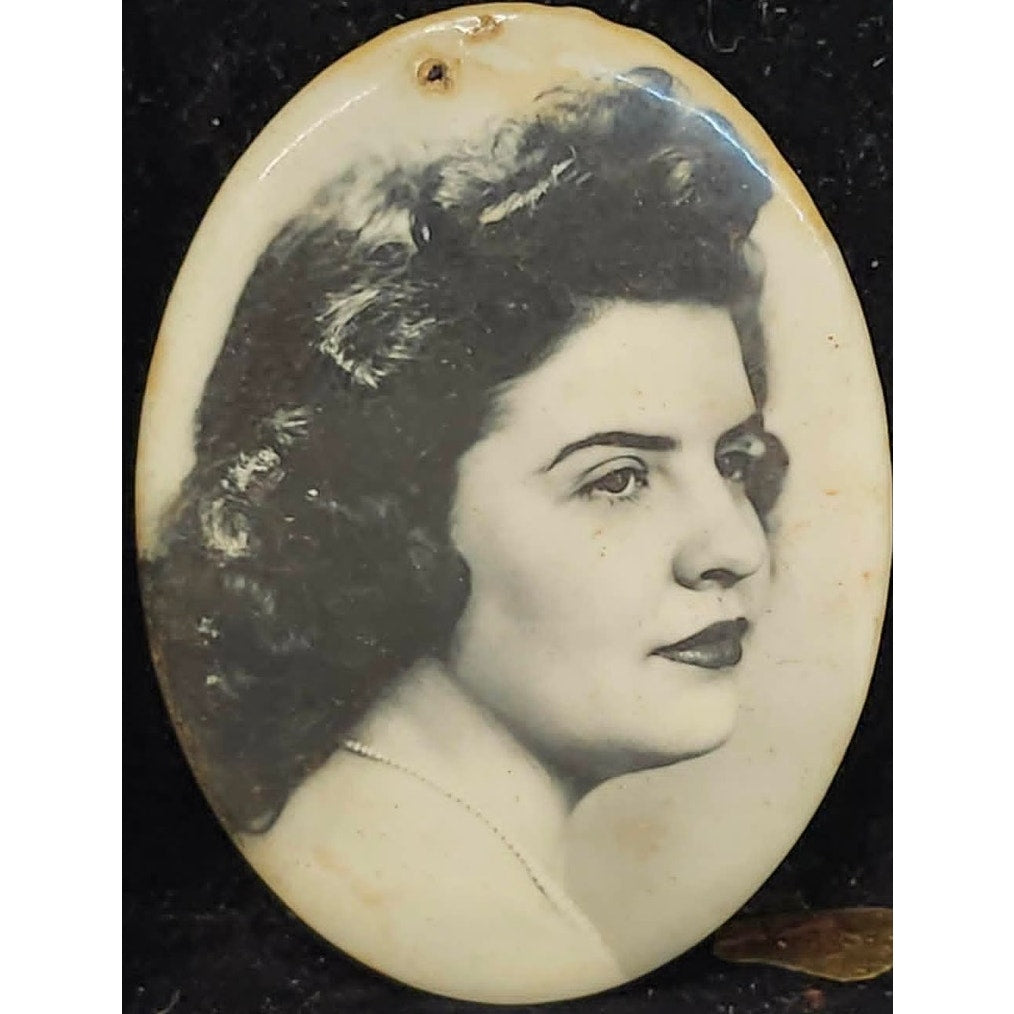 Vintage 40s Celluloid Compact Pocket Mirror Oval Female Portrait Black White