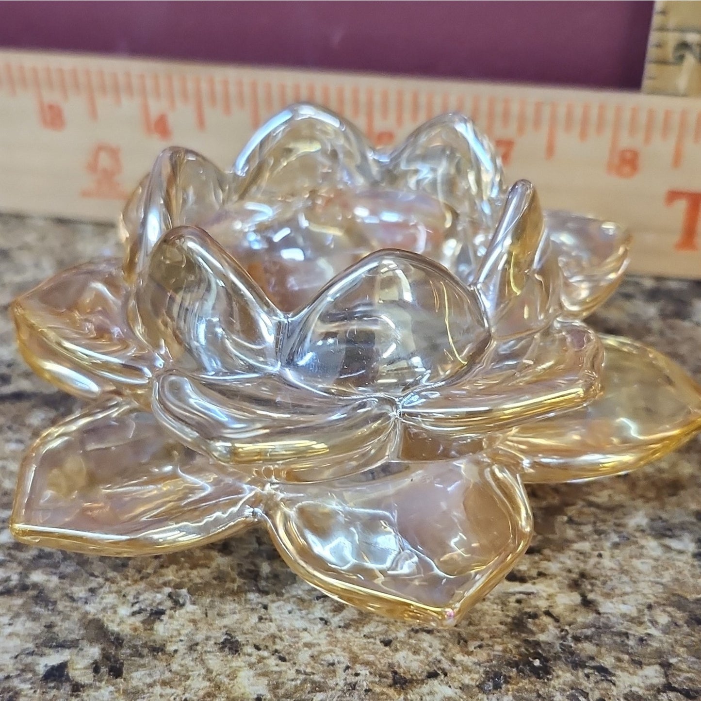Set of 2 Iridescent Glass Lotus Flower Tea Light Candle Holders Clear Amber