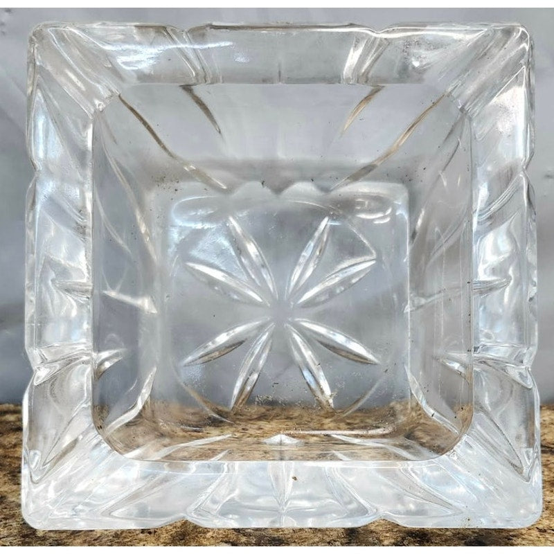 Vintage Crystal Clear Glass Ashtray Square Starburst Mid Century Heavy Ashtray