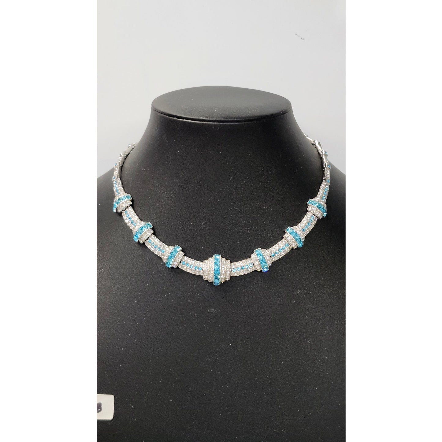 Vintage 1950s ORA Blue Rhinestone Collar Statement Necklace Costume
