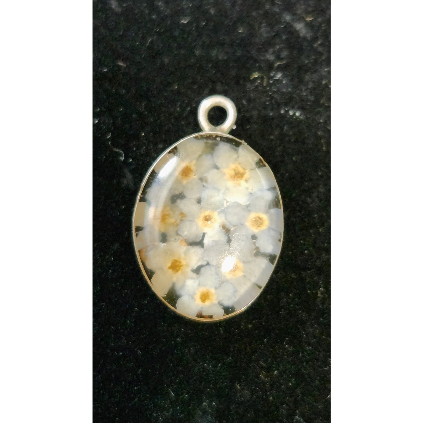 Vintage ATI Mexico 925 Sterling Silver Dried Flower Resin Oval Pendant Charm