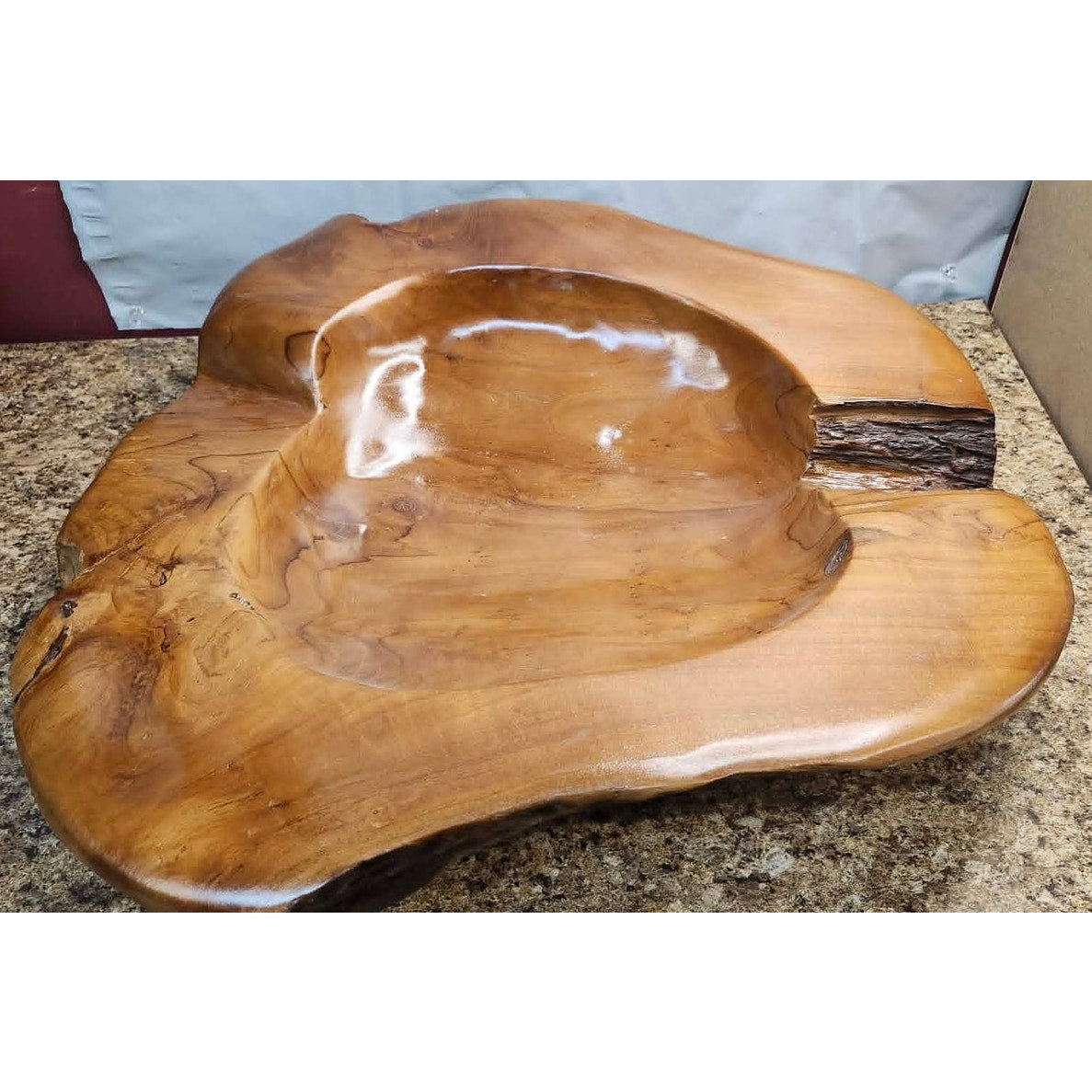 Vintage Hand Carved Teak Wood Live Edge Bowl Large Rustic Centerpiece Heavy