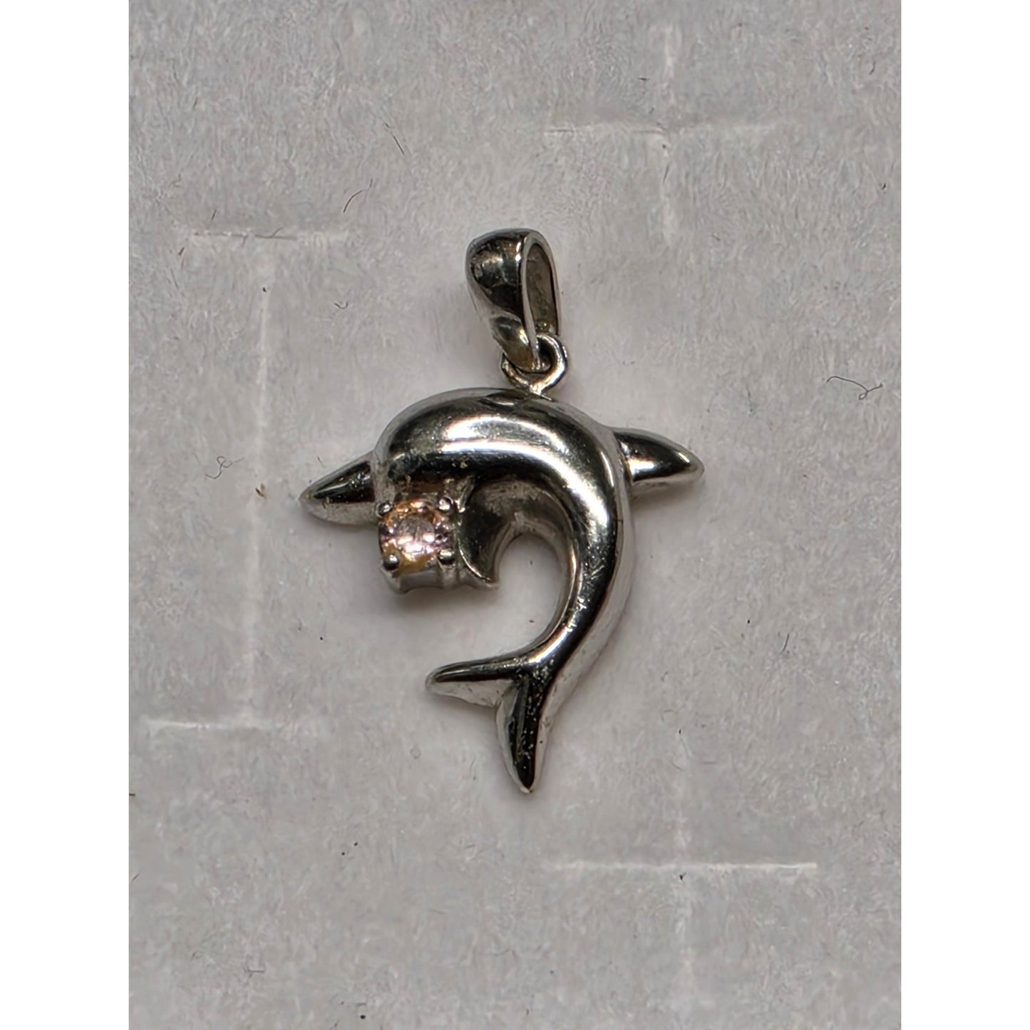 Vintage Sterling Silver Dolphin Pendant Charm with Pink Glass Accent
