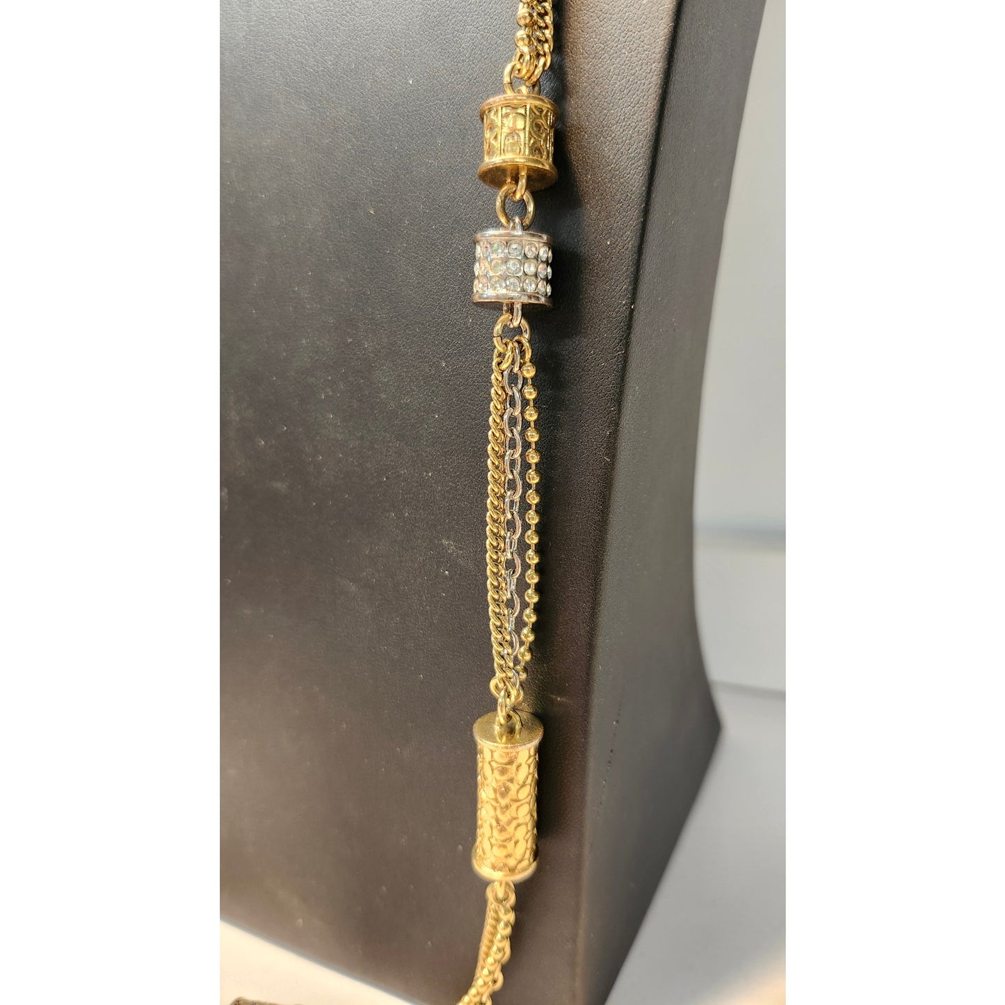 Coach Multi Strand Cylinder Long Station Statement Necklace Two Tone Pave Chain
