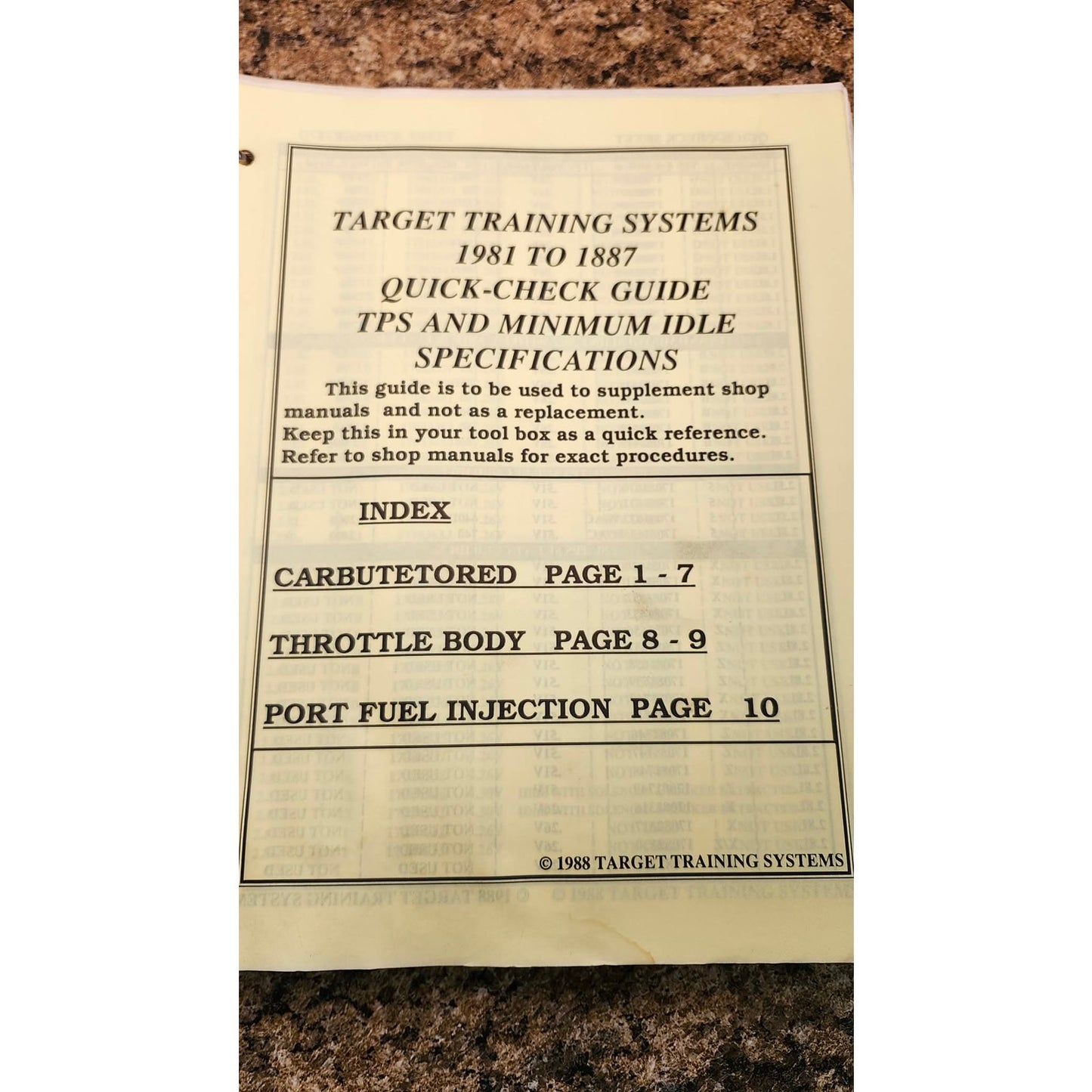 Target Training Systems Quick Check Guide TPS Minimum Idle Specifications 1988
