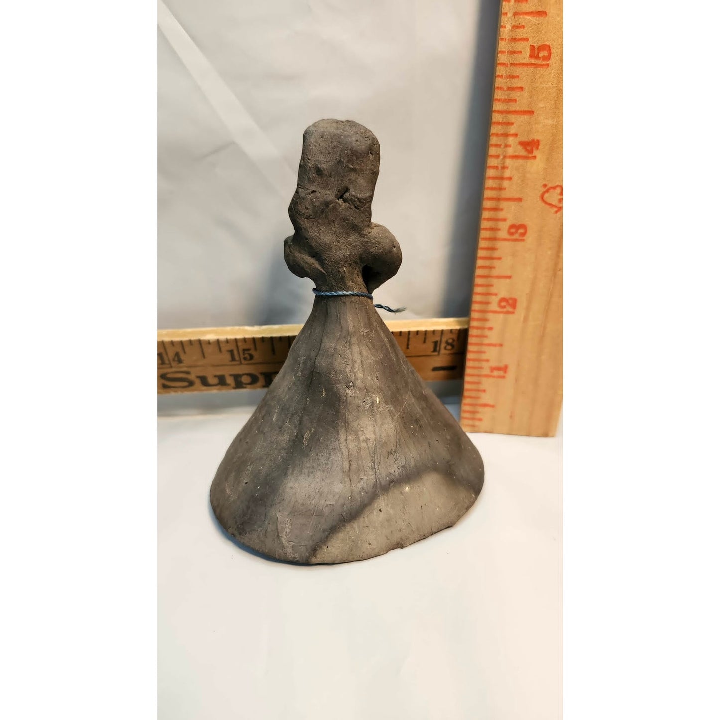 Vintage Mexican Folk Art Bell Black Clay Barro Negro Oaxaca Pottery Woman Figure