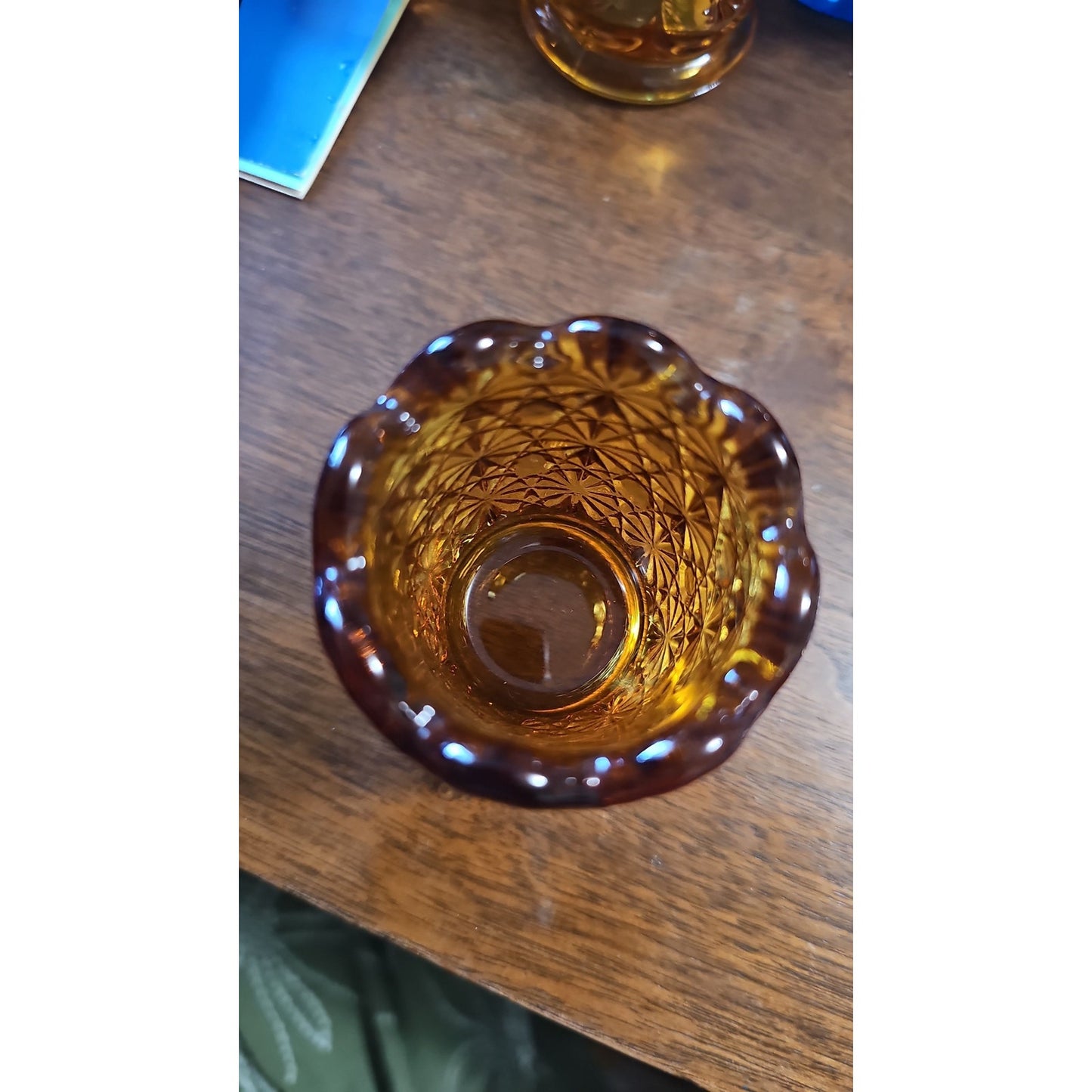 Vintage Daisy Button Toothpick Holder Amber Pressed Glass Scalloped Rim