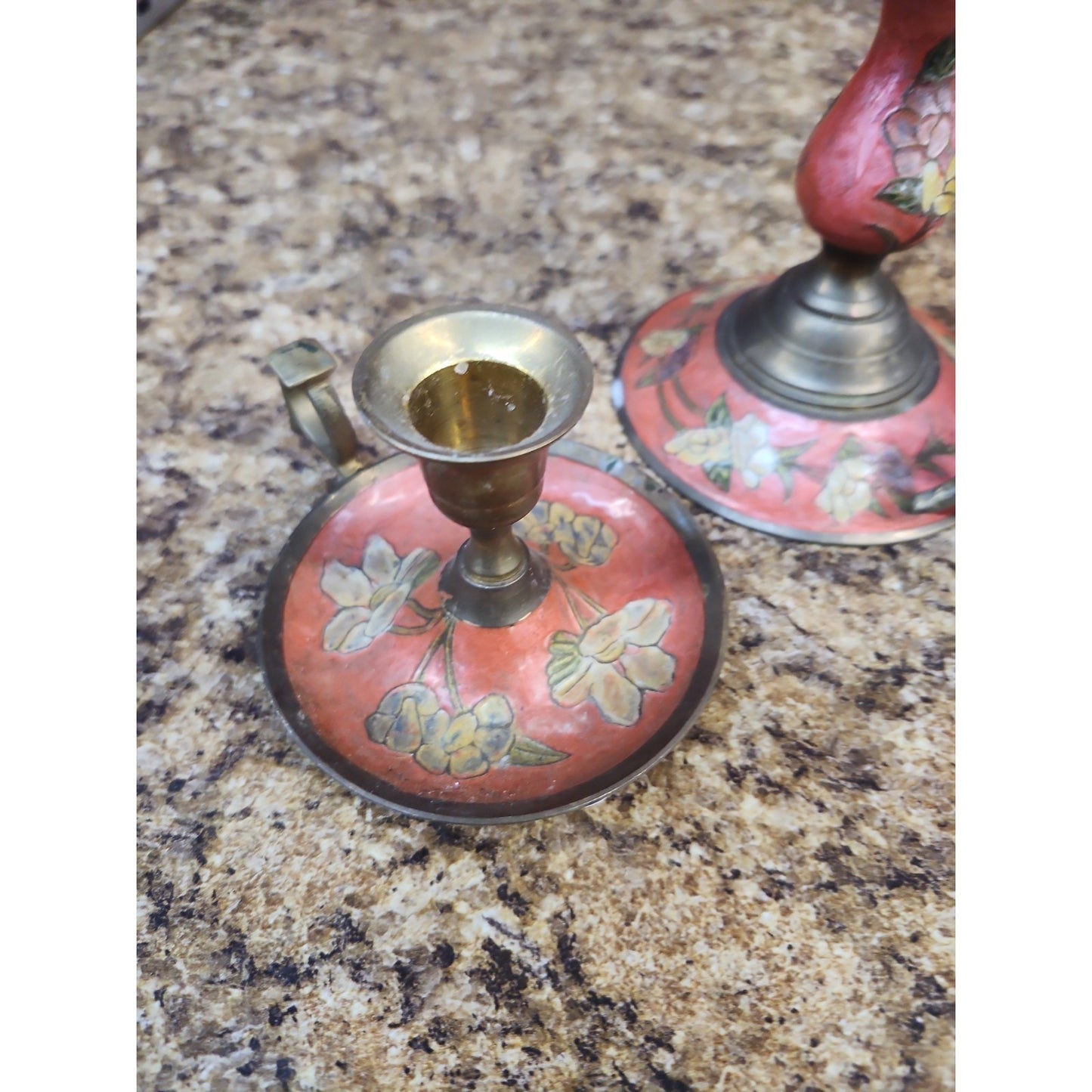 LOT OF 4 VINTAGE Floral ENAMELED BRASS CANDLE HOLDERS MADE IN INDIA