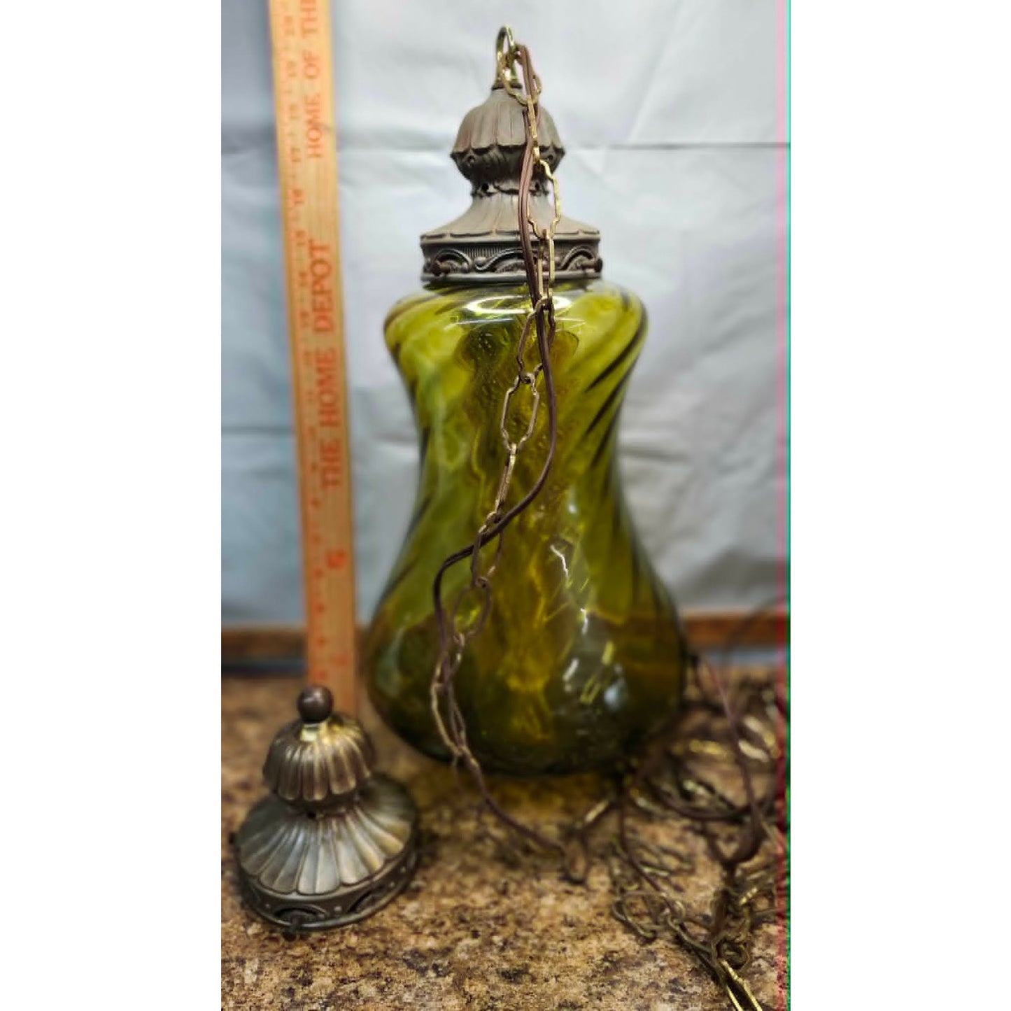 Vintage Swirl Glass Hanging Swag Lamp Light Fixture Green Mid Century Modern 20"