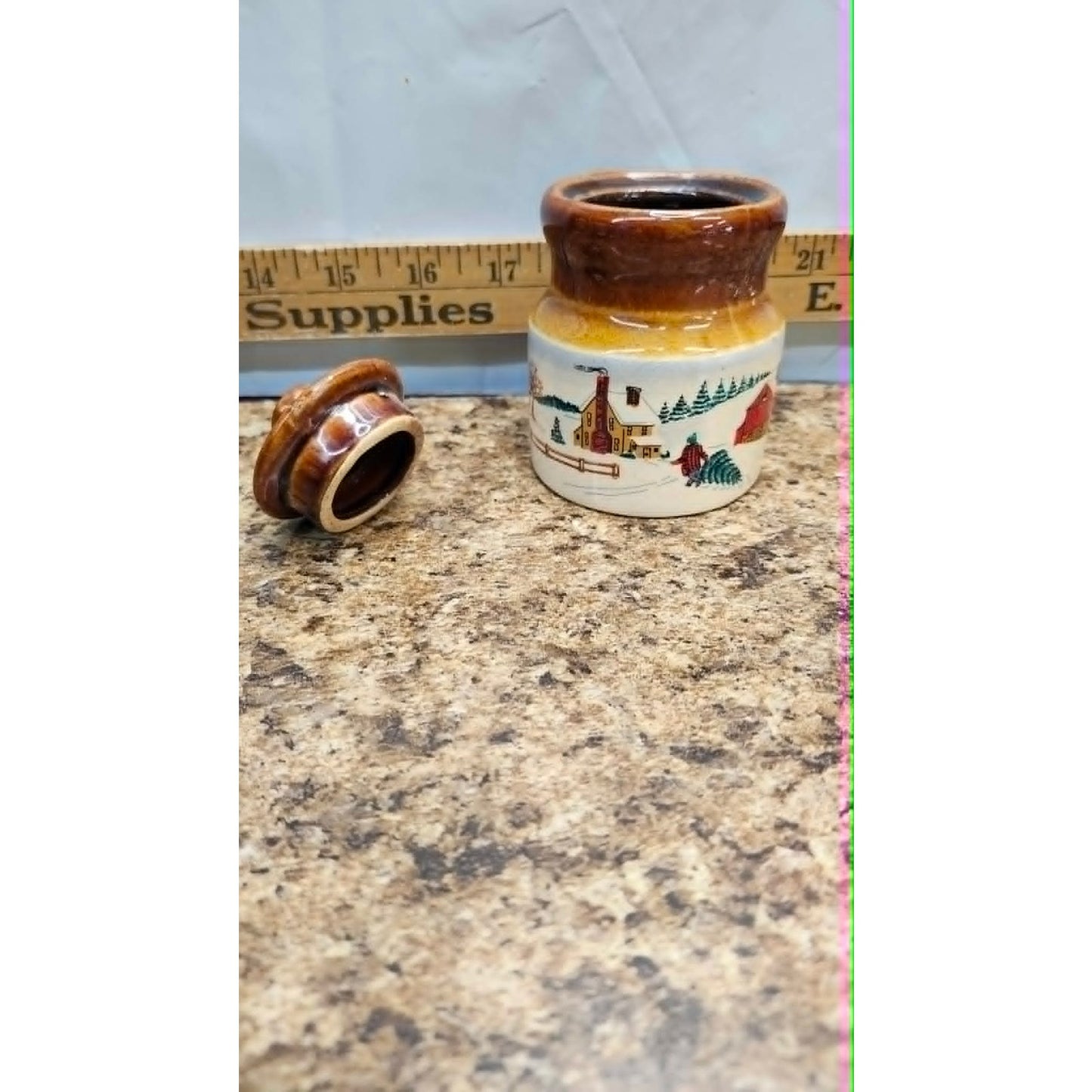 Vintage Miniature Ceramic Stoneware Storage Spice Crock Cheese Jar Winter Scene