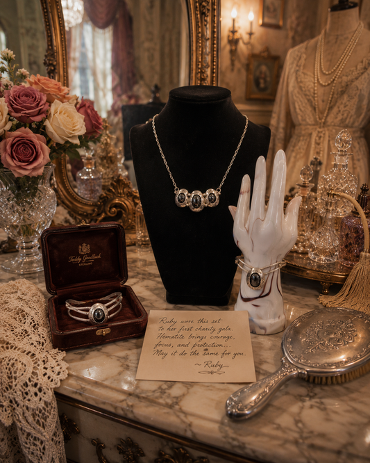Vintage Teddy Goodluck 925 Sterling Silver Hematite Necklace & Cuff Bracelet Set