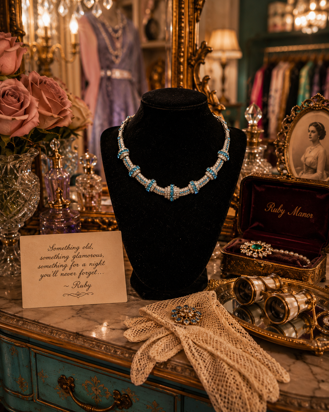 Vintage 1950s ORA Blue Rhinestone Collar Statement Necklace Costume