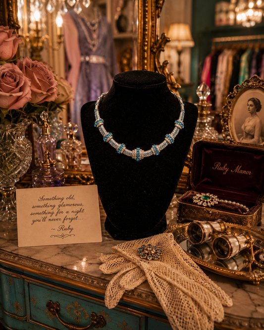 Vintage 1950s ORA Blue Rhinestone Collar Statement Necklace Costume