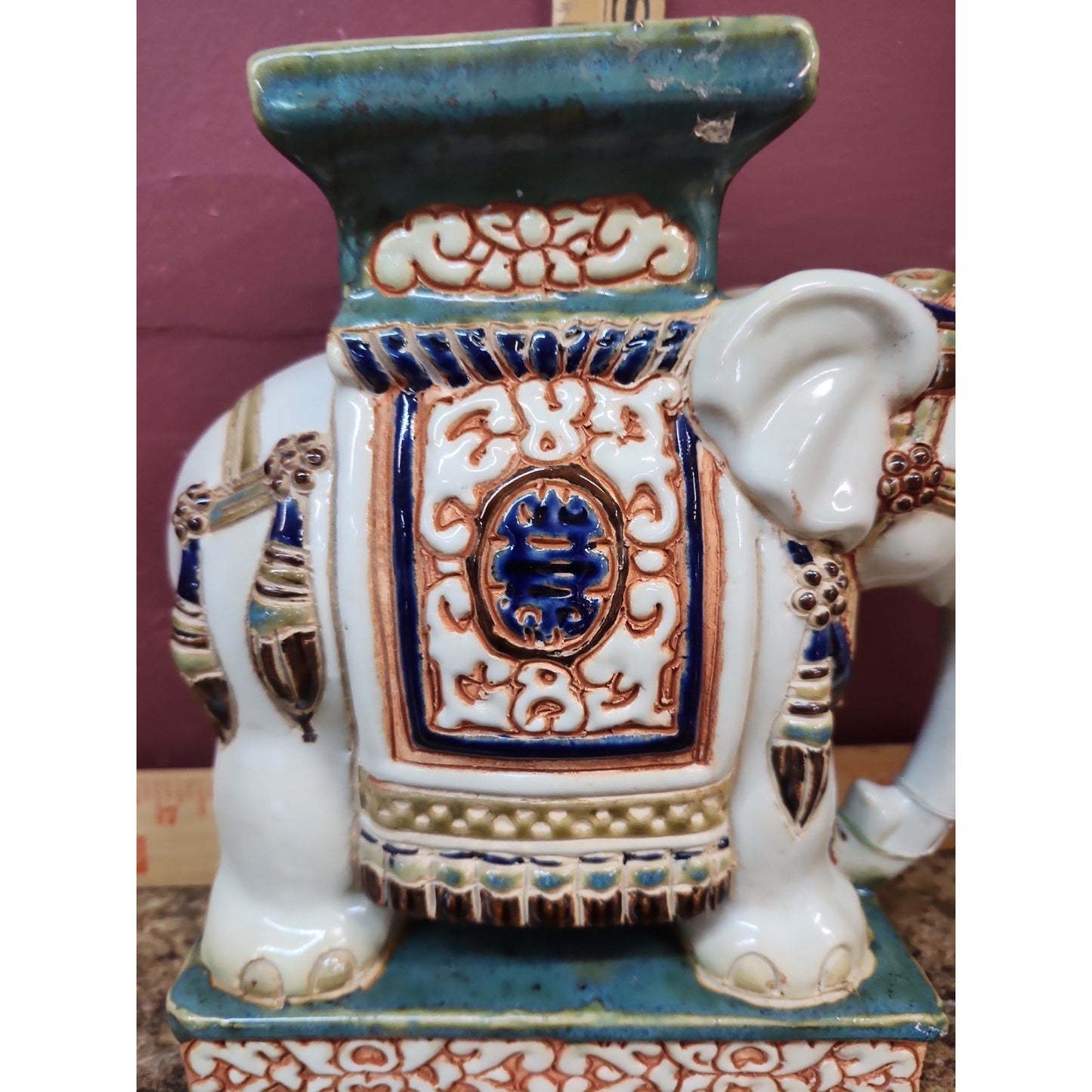 Vintage Chinoiserie glazed ceramic elephant plant stand