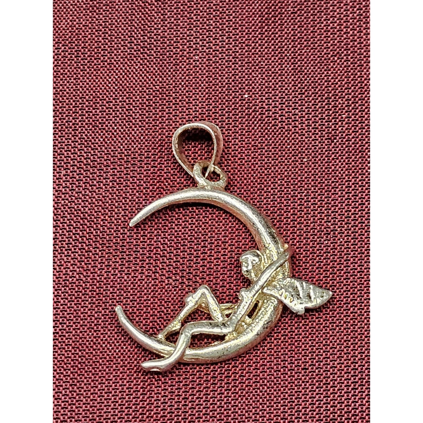 Sterling Silver Fairy on Crescent Moon Charm Pendant – Signed