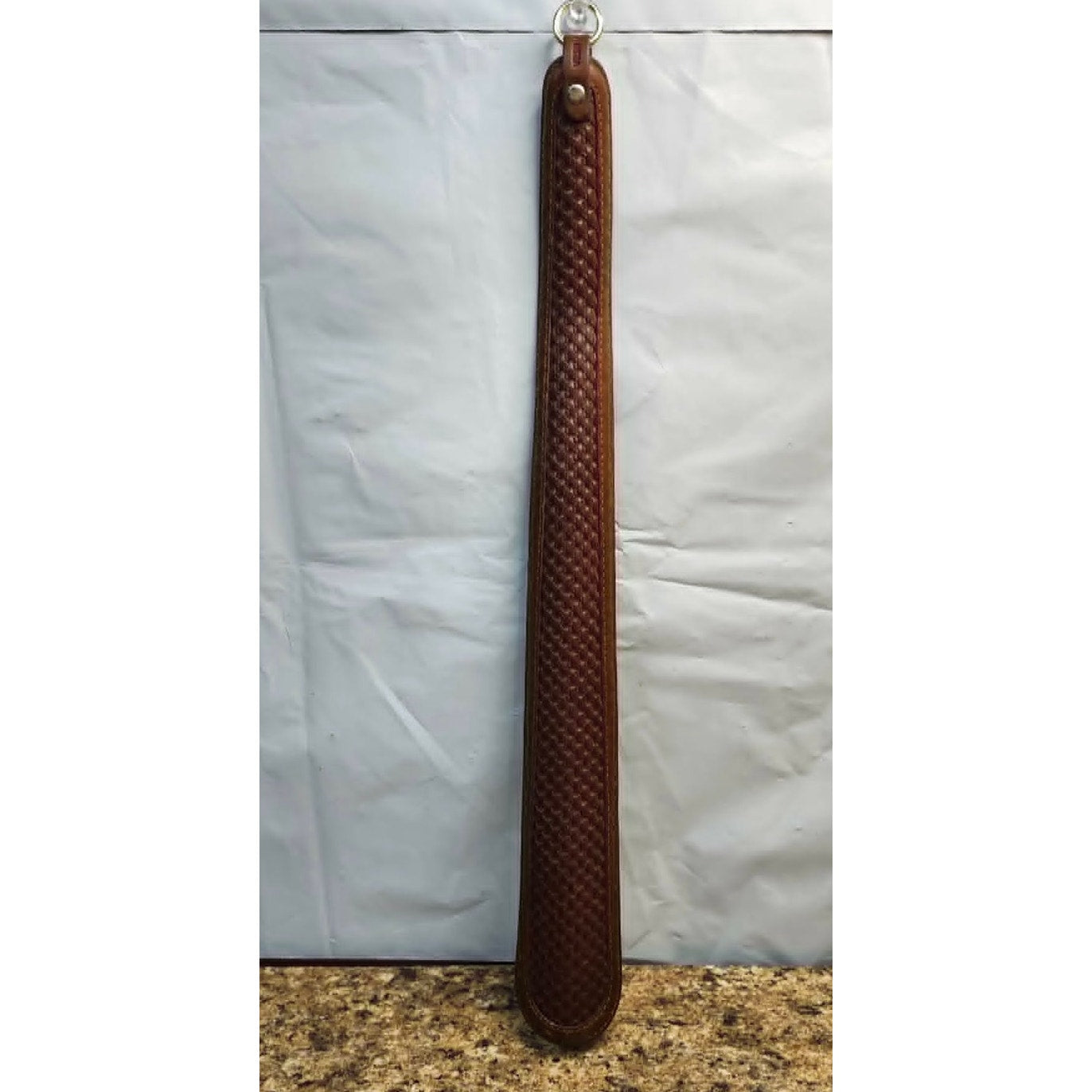 VTG Johnston & Murphy Leather Shoe Horn 17 Inch Basketweave Brown Long Handle