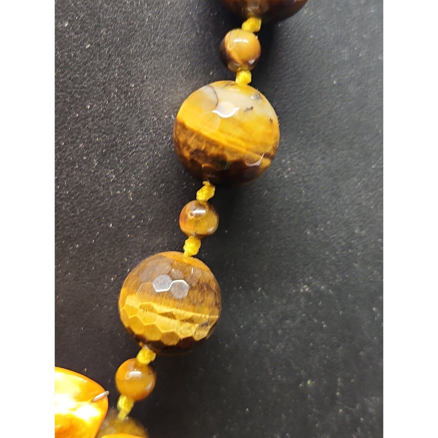 Vintage Tiger's Eye Necklace Faceted Round Beads Shell Flower 18"