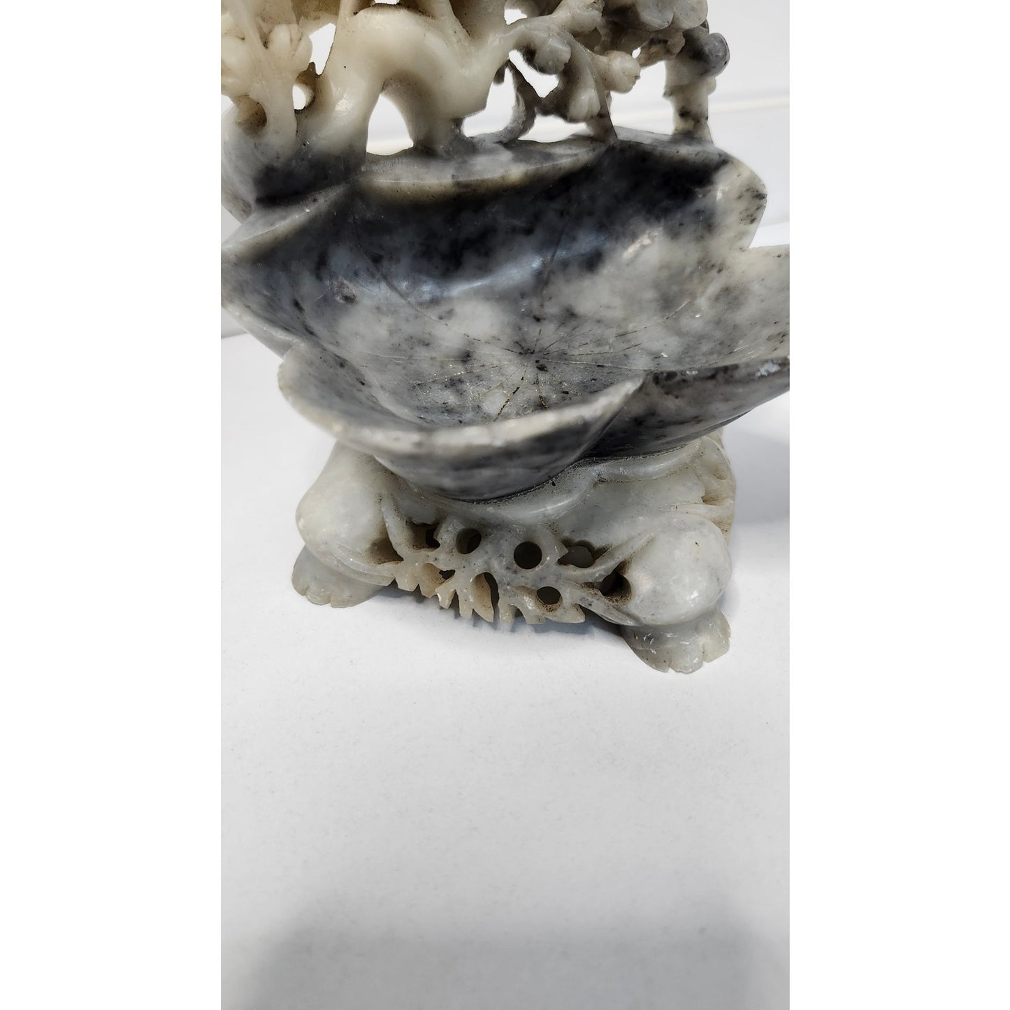 VTG Chinese Soapstone Trinket Dish Gray Hand Carved Bird Flowers Statue Gray