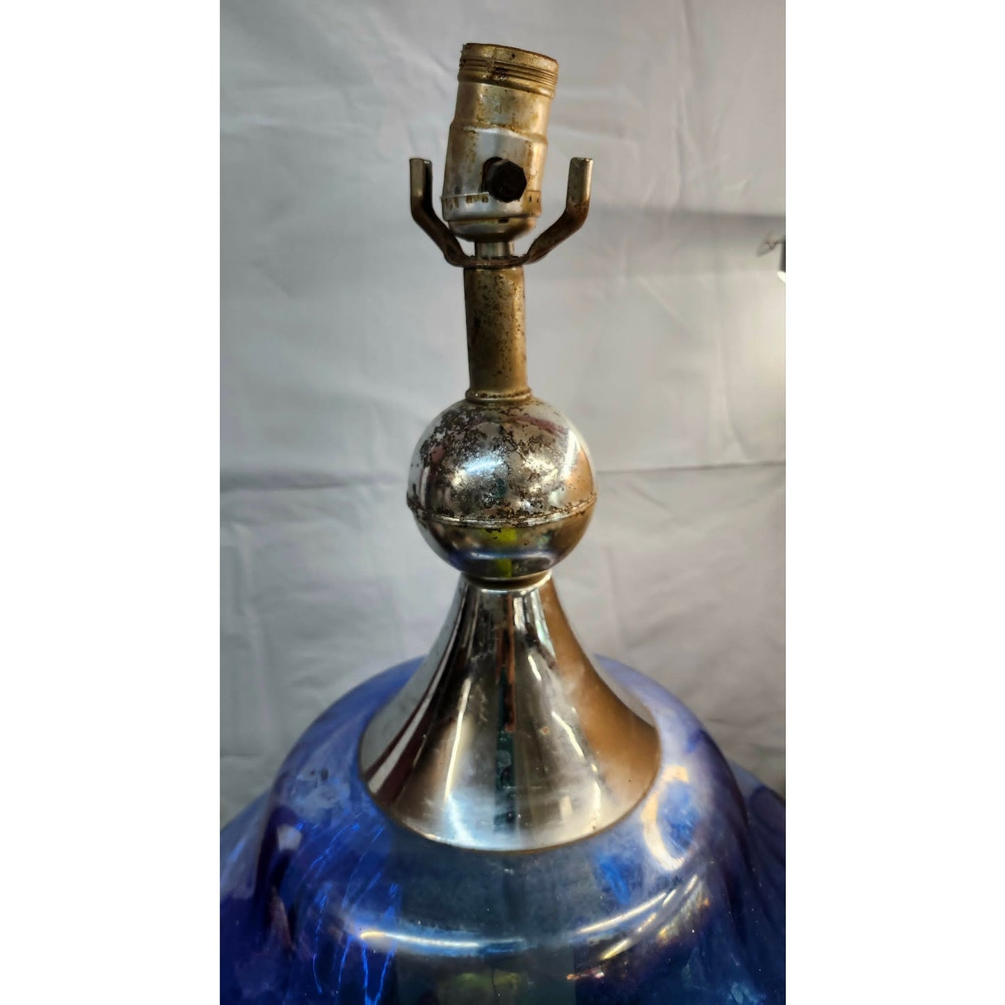 Vintage Blue Glass Table Lamp Mid Century Iridescent Carnival Electric 25" Tall