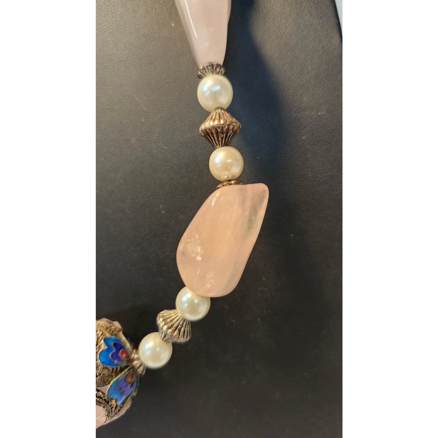 Vintage Chinese Necklace Rose Quartz Cloisonne 925 Sterling Silver Beaded 22"