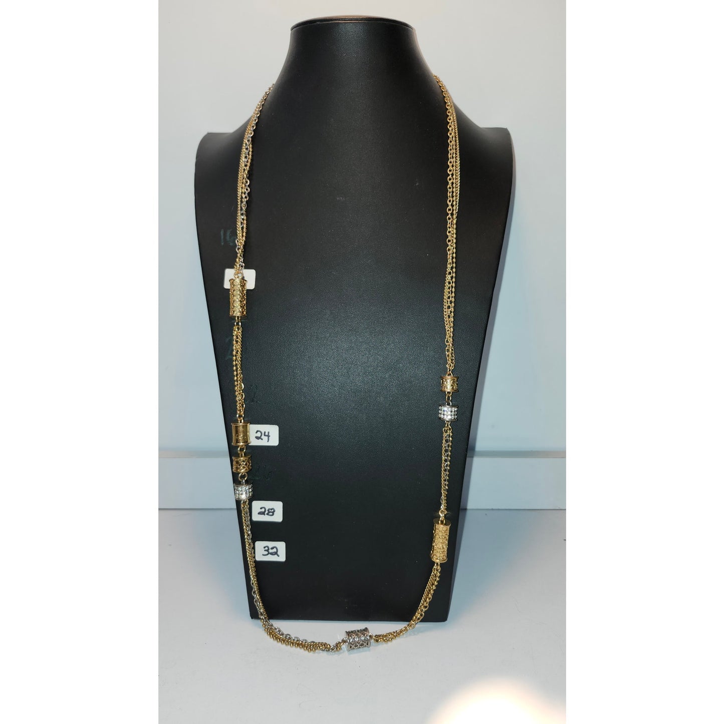 Coach Multi Strand Cylinder Long Station Statement Necklace Two Tone Pave Chain