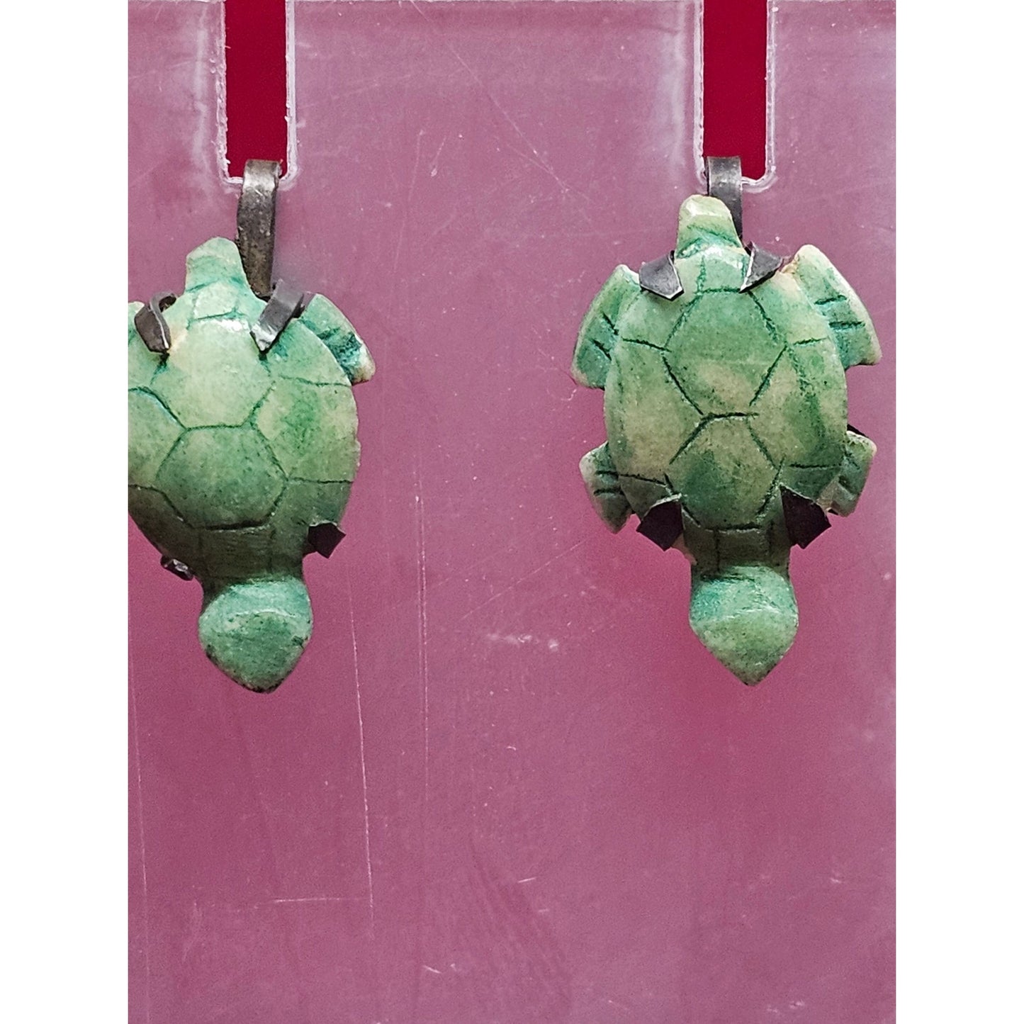 Vintage Carved Dangle Earrings Green Glass Or Stone Carved Turtle Screw Back