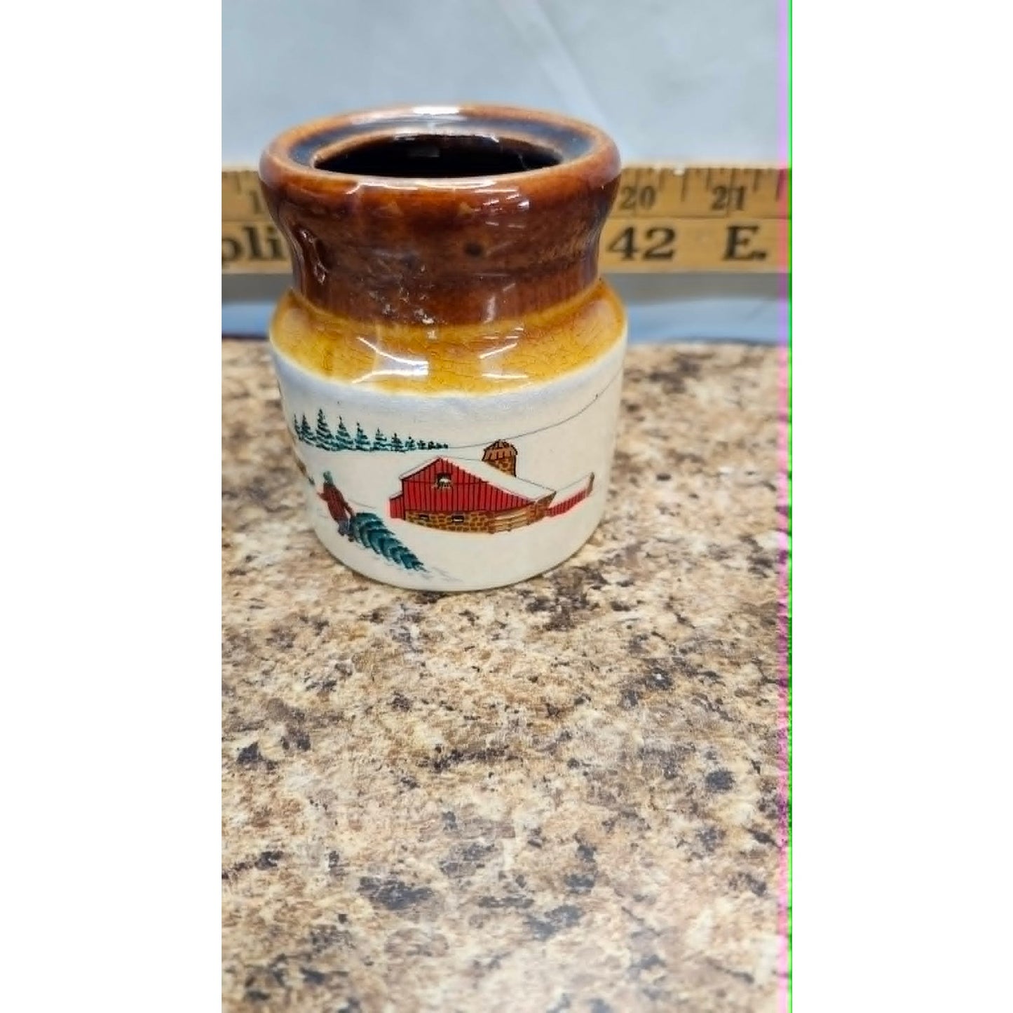 Vintage Miniature Ceramic Stoneware Storage Spice Crock Cheese Jar Winter Scene