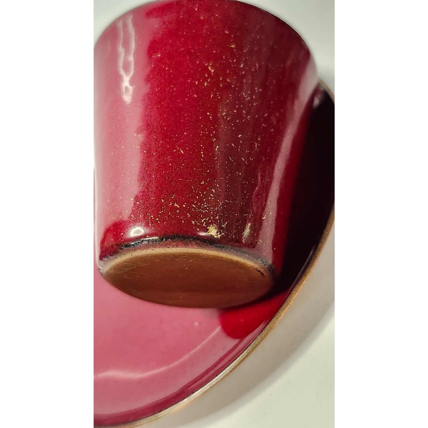 VTG Jade Snow Wong Red Enamel on Copper Cup and Saucer Set Mid Century Signed