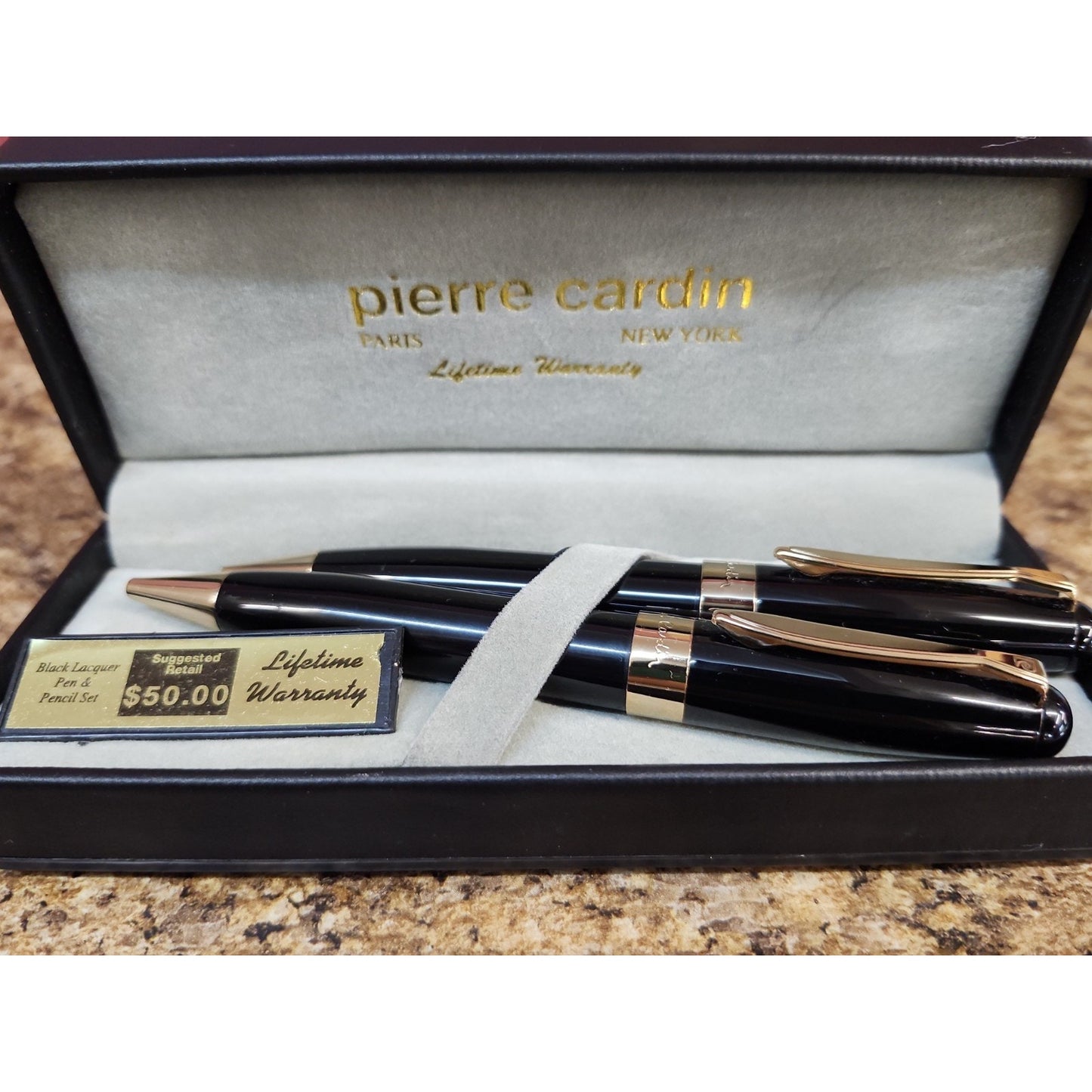 Vintage Pierre Cardin Black and Gold Ballpoint Pen and Mechanical Pencil Set
