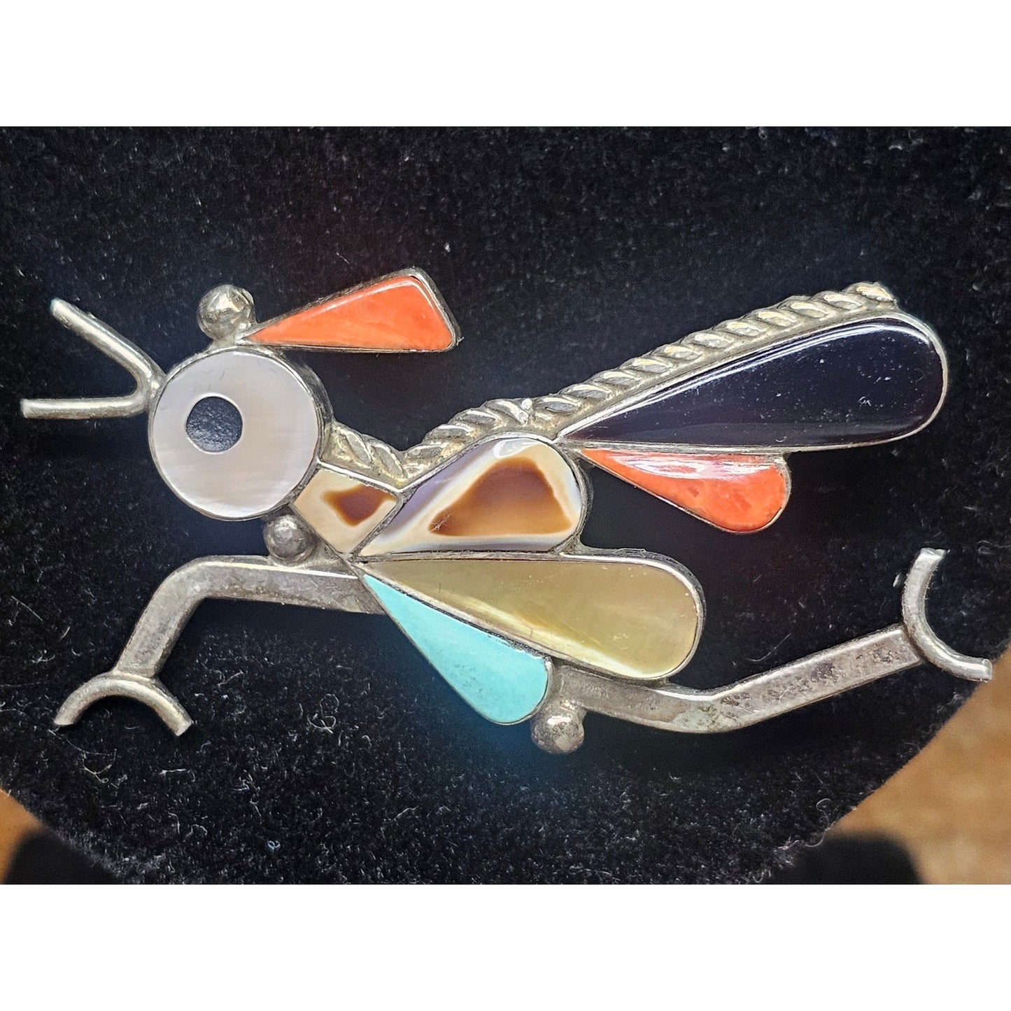 Sterling Silver Native American Zuni Signed Roadrunner Brooch Multi-Stone Inlay