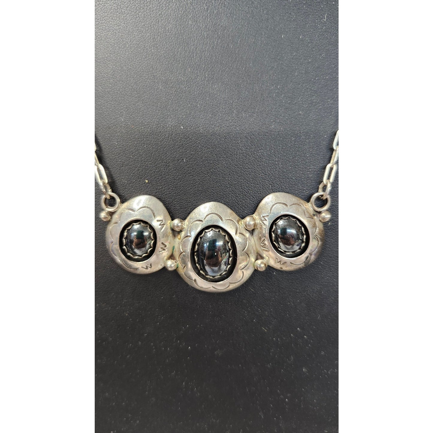Vintage Teddy Goodluck 925 Sterling Silver Hematite Necklace & Cuff Bracelet Set