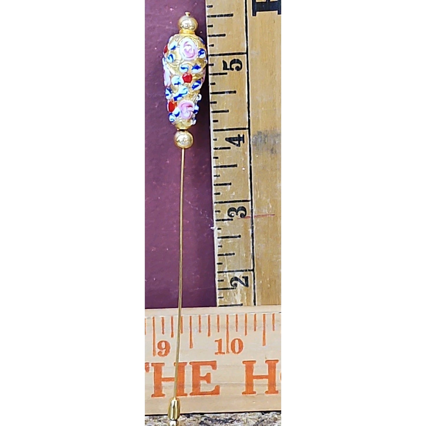 Vintage Handblown Venetian Glass Hat Stick Pin Gold Raised Floral Flowers