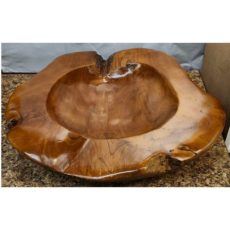 Vintage Hand Carved Teak Wood Live Edge Bowl Large Rustic Centerpiece Heavy