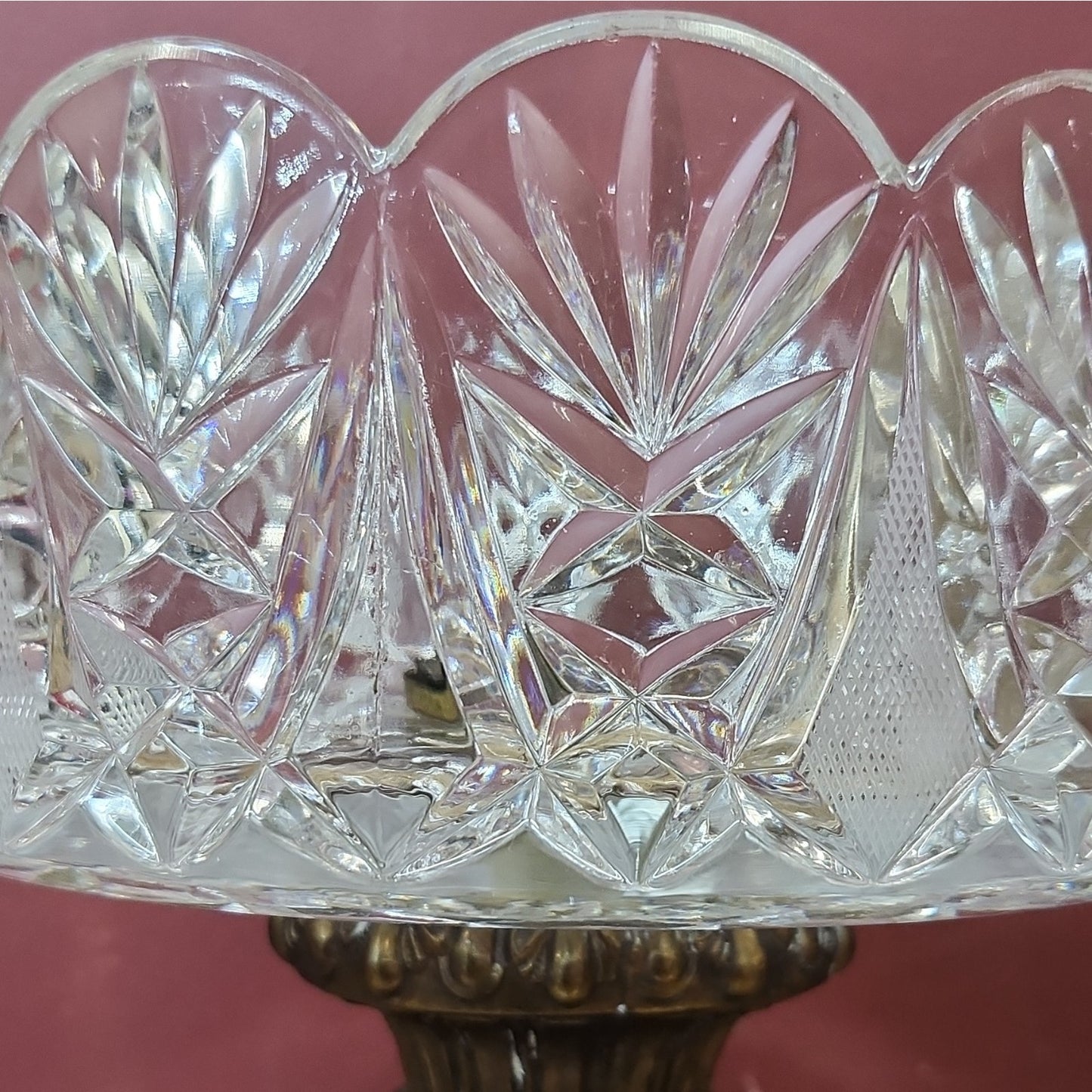 Cut Lead Crystal Starburst Pedestal Compote Bowl, Clear, Gold-Tone Metal Base
