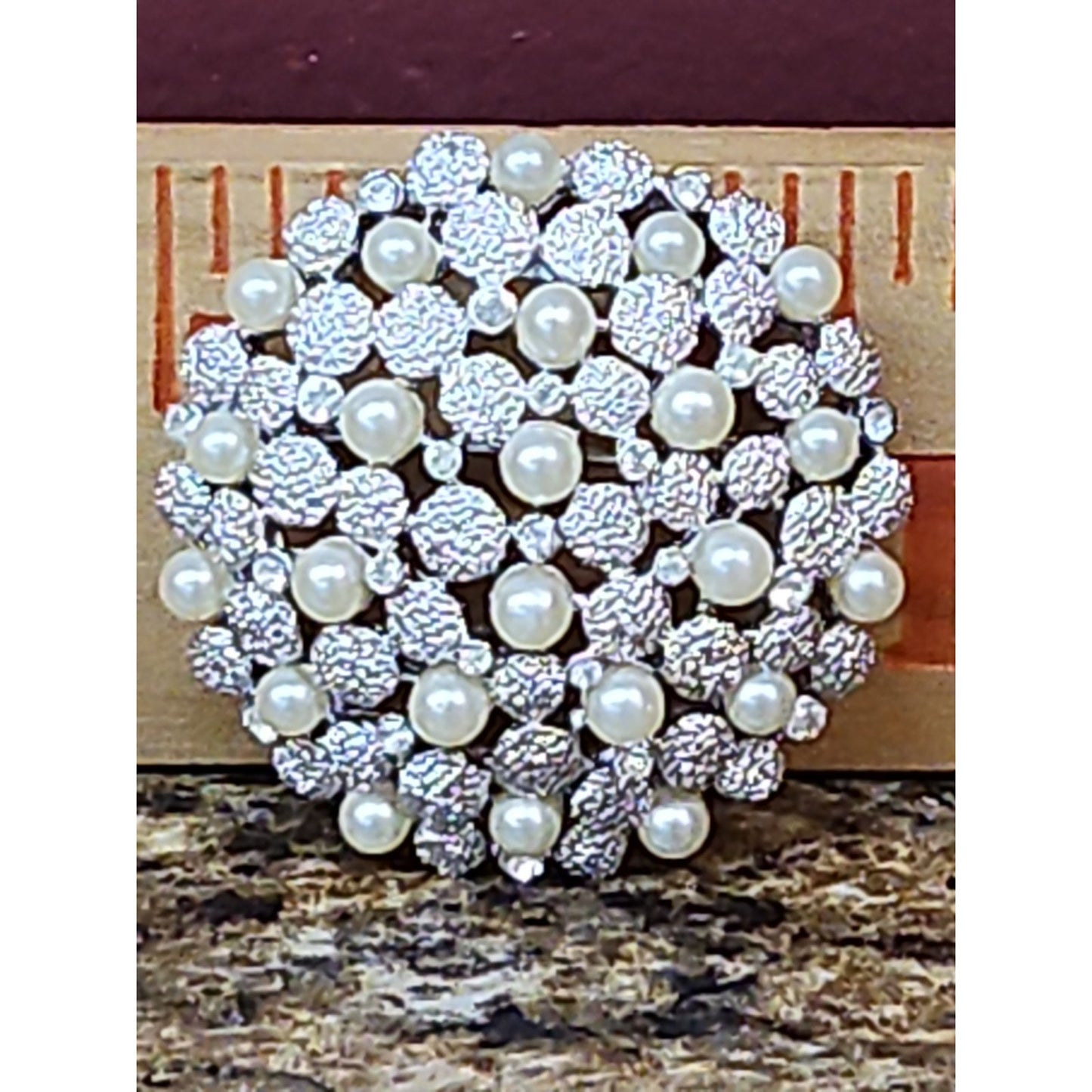 Vintage Crown Trifari Silvertone Faux Pearls Rhinestones Brooch