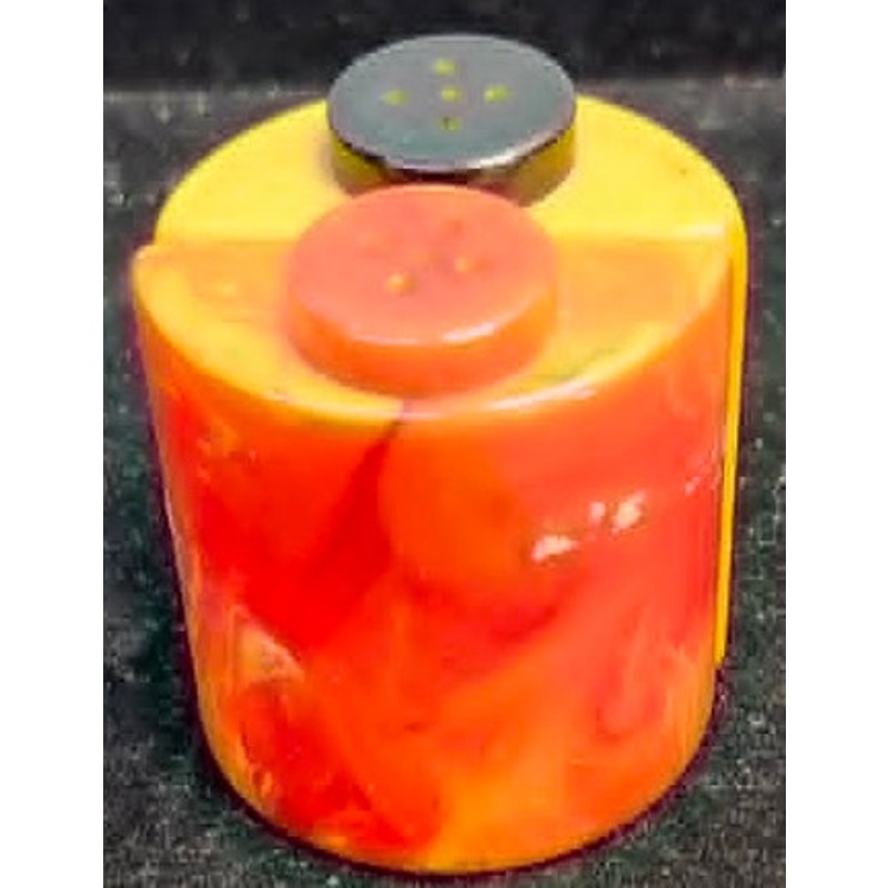 Vintage Bakelite Salt & Pepper Shakers Marbled Red Butterscotch Yellow Art Deco