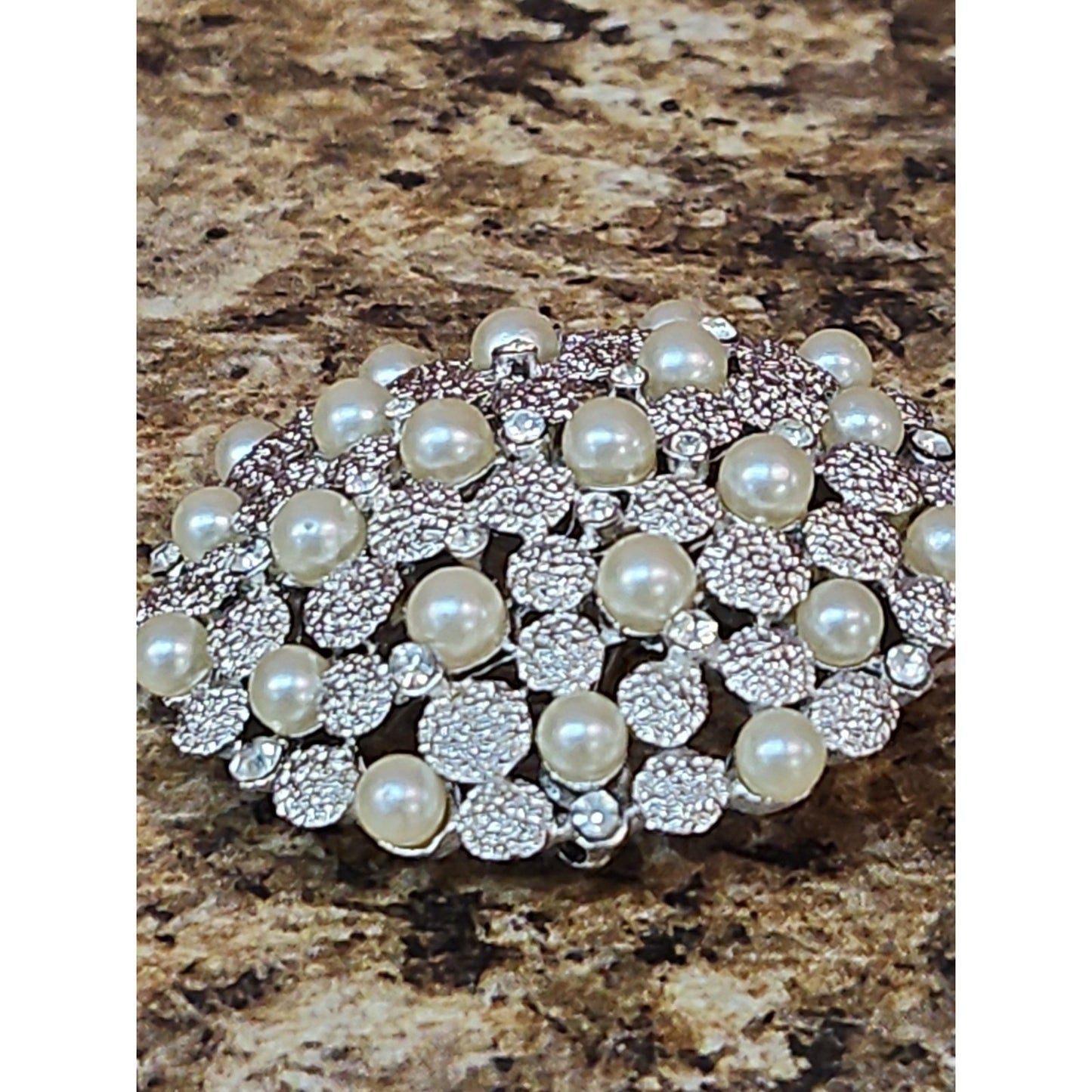 Vintage Crown Trifari Silvertone Faux Pearls Rhinestones Brooch