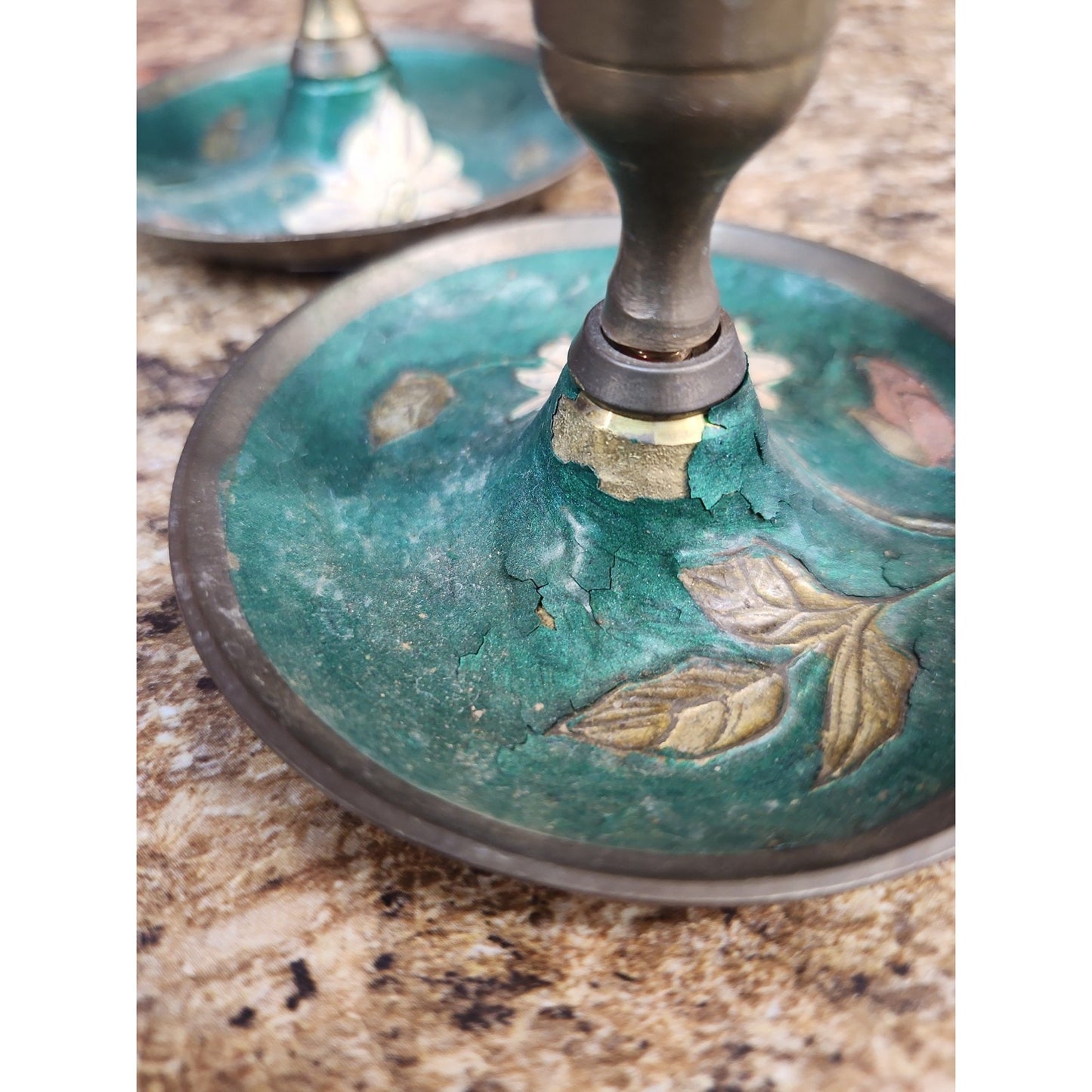 LOT OF 4 VINTAGE Floral ENAMELED BRASS CANDLE HOLDERS MADE IN INDIA