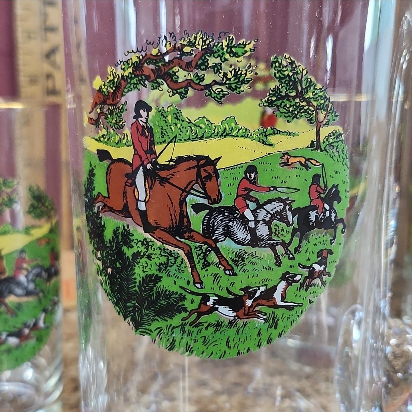 Neiman Marcus Style Glass Pitcher + 6 Tumblers, Hunting Scene Horses