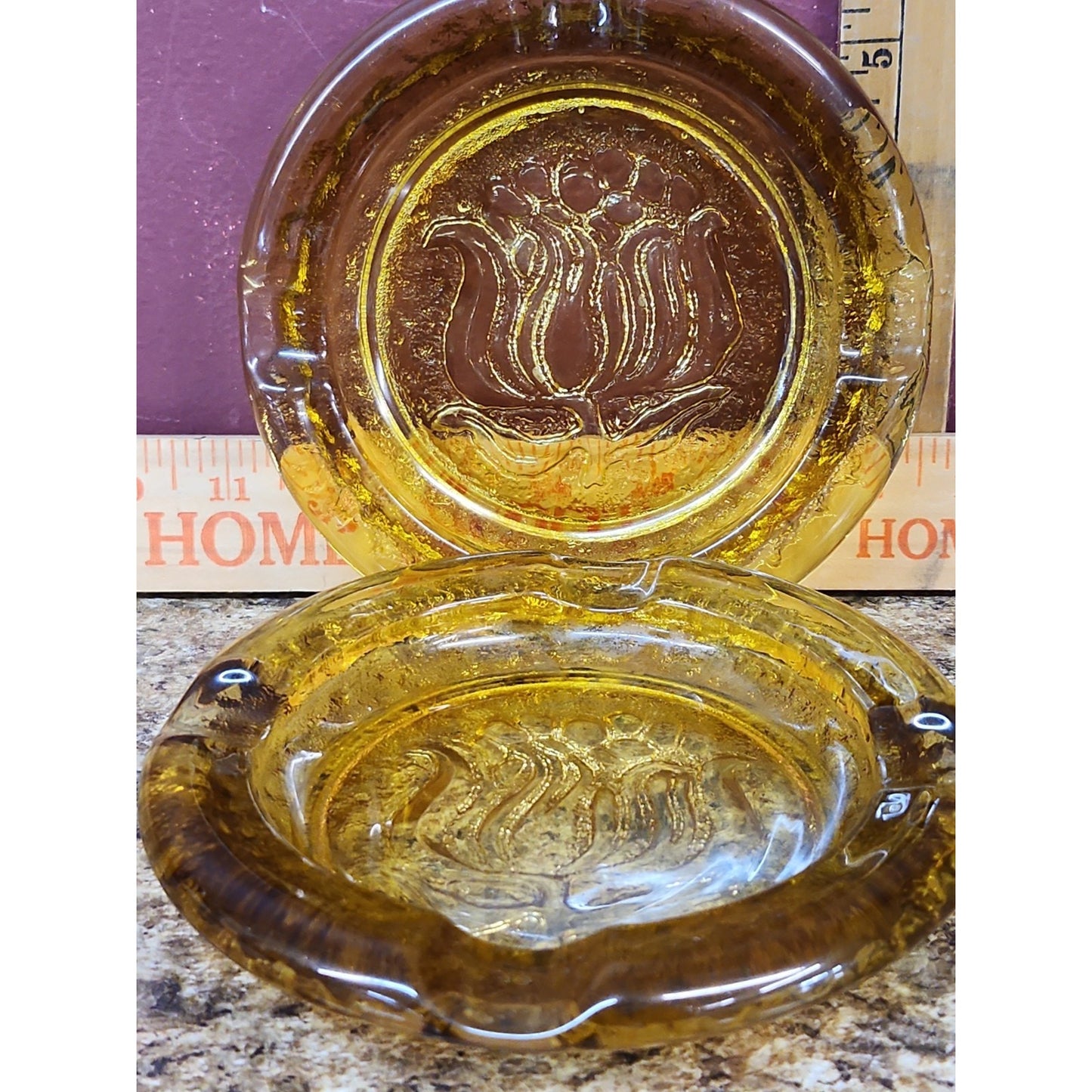 Lot Of 2 VINTAGE MCM 6" Honey Amber Tulip Flower Ashtray Textured Glass