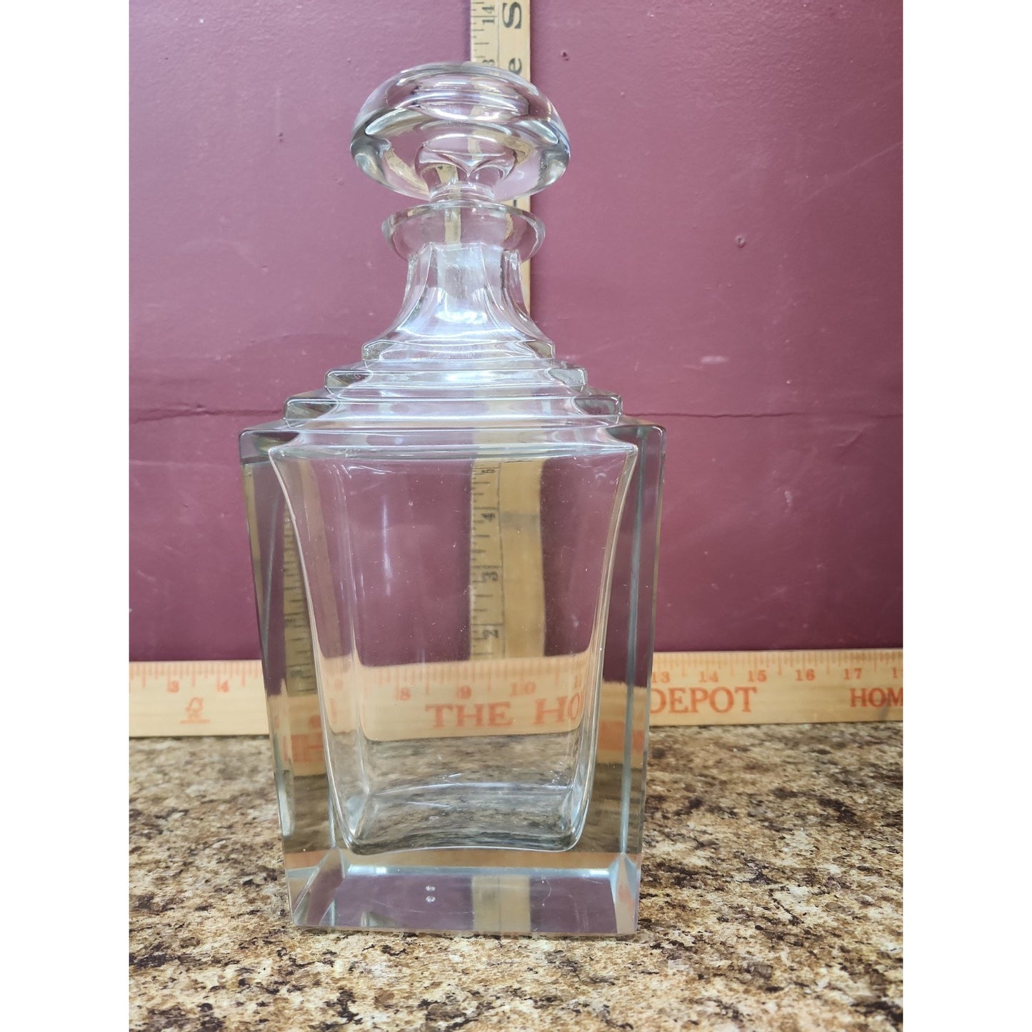 Art Deco / MCM Squared Crystal Whiskey Scotch Decanter w/ Stopper 10" UV Glow!