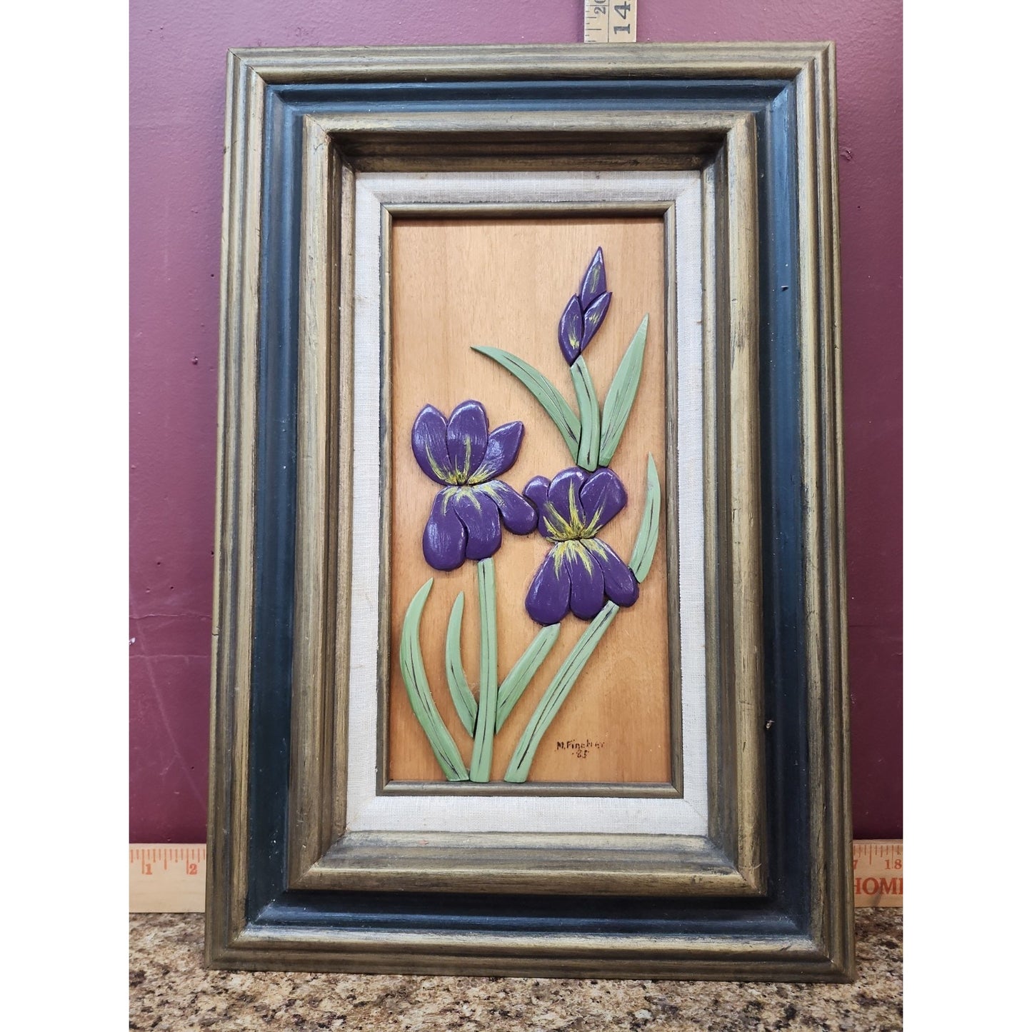 Vintage 20" Floral Carved Wall Plaque Engraved Relief Design Iris Flower Fincher