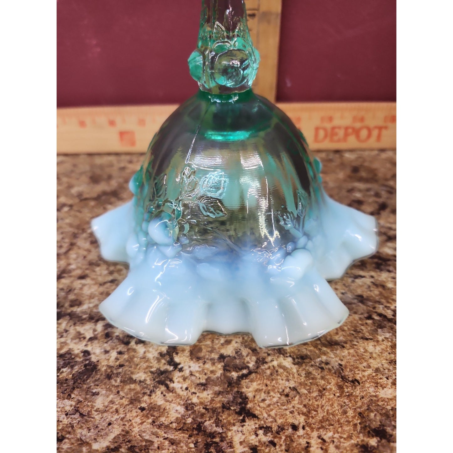Fenton SEA MIST GREEN OPALESCENT CABBAGE ROSE PATTERN COMPORT 1993 GLOWS