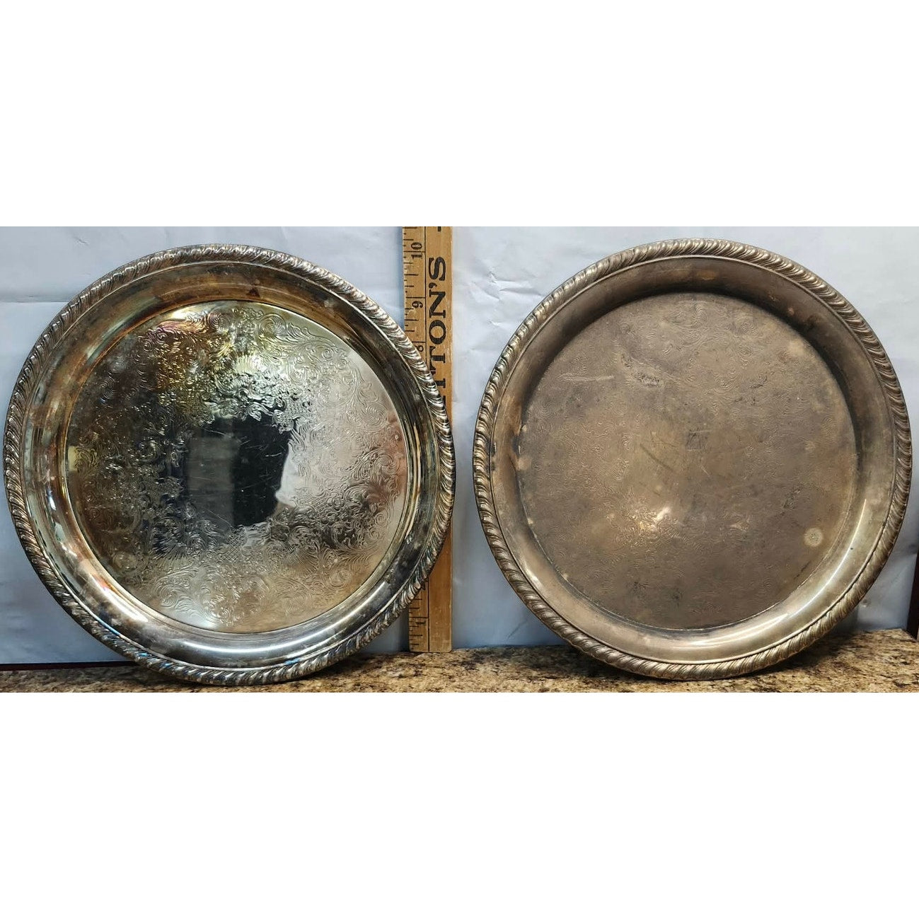 VTG International Silver Co Round Serving Trays Rope Edge Floral 10" Set Of 2
